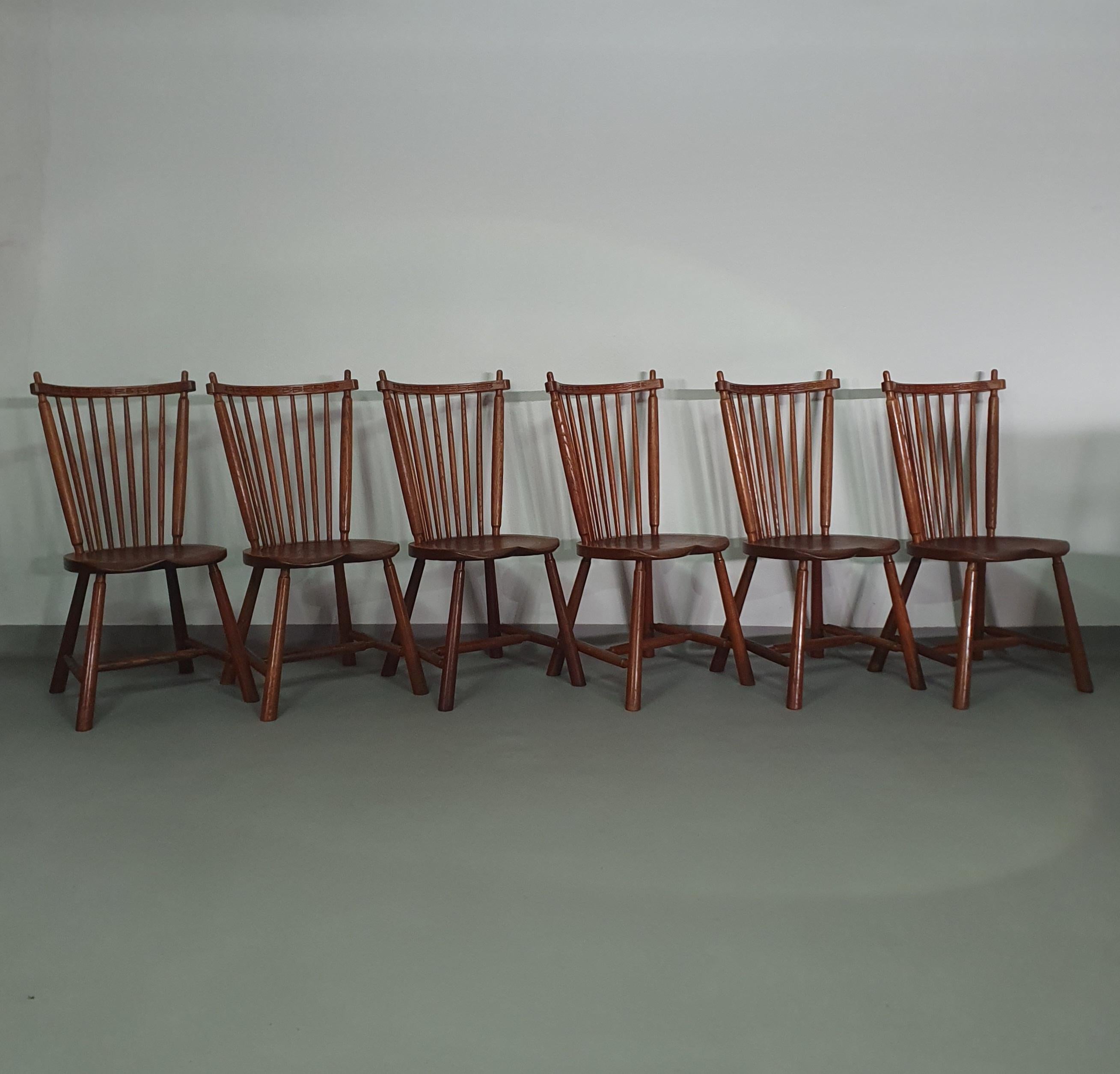 De Ster Gelderland Spindle Back dining chair 6 x in solid Oak.  For Sale 11