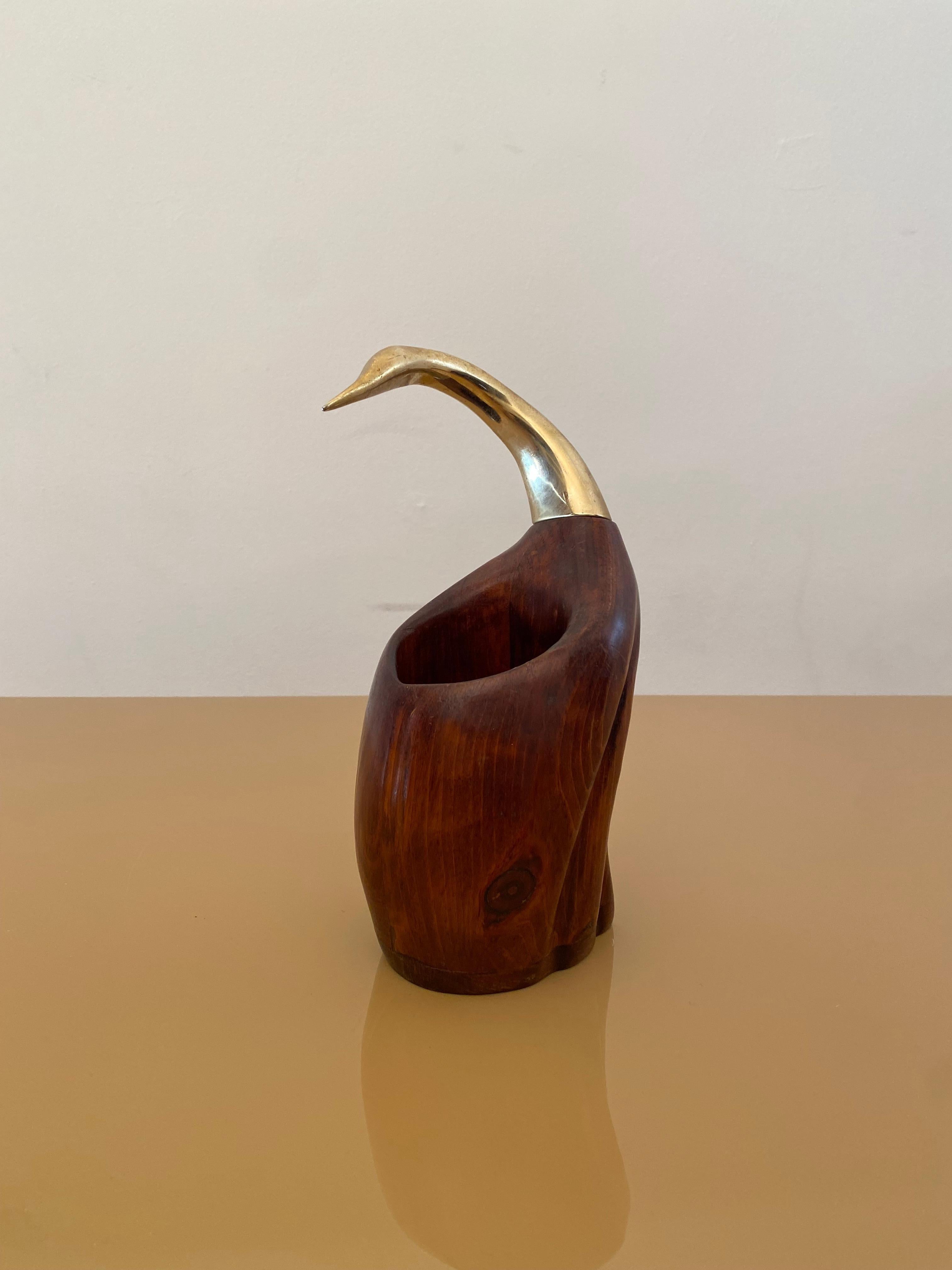 De Stijl Firenze Flaschenhalter Holz Metall Messing Vogel Skulptur 1970er Vintage bar (Moderne der Mitte des Jahrhunderts) im Angebot