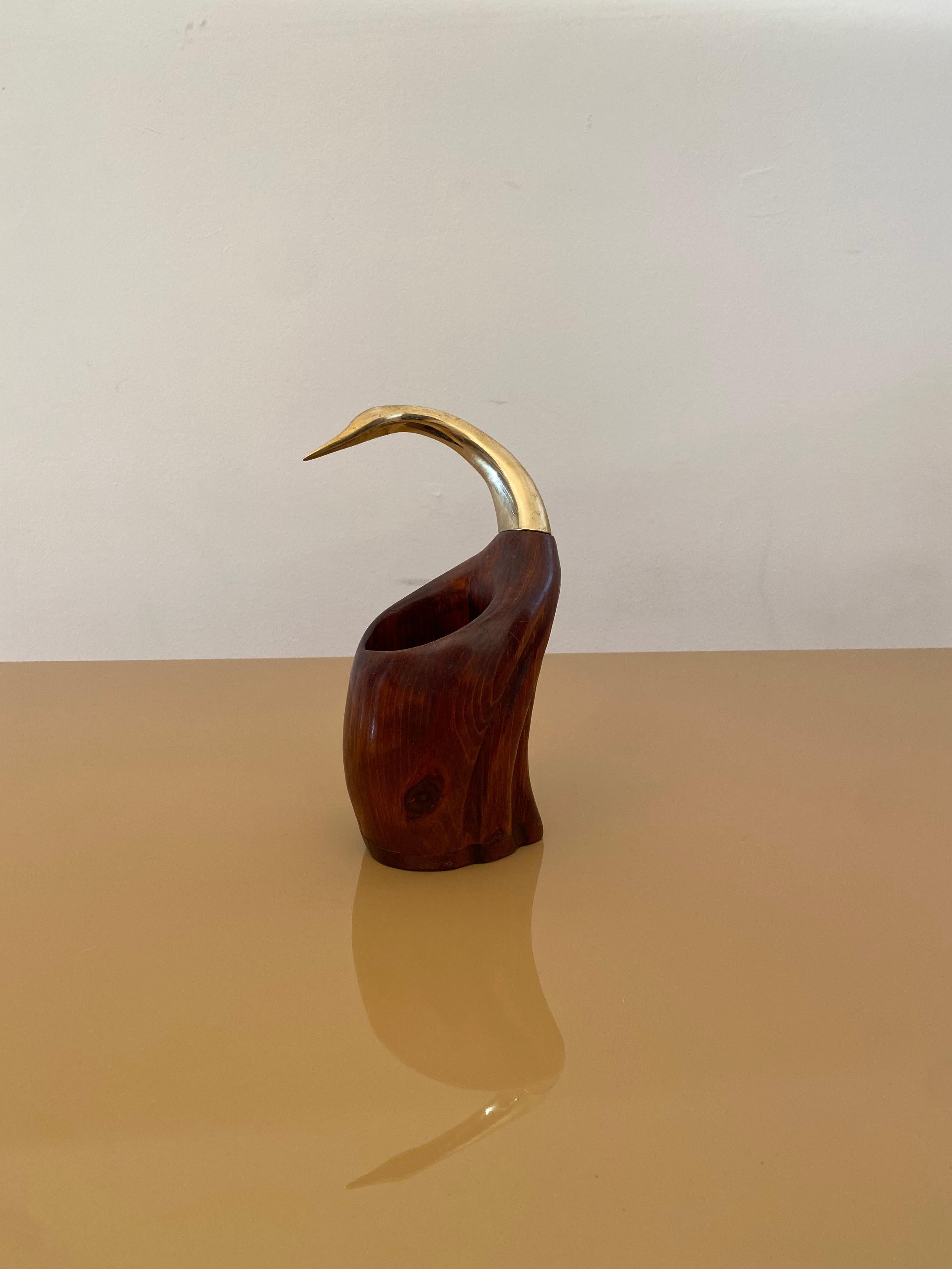 De Stijl Firenze Flaschenhalter Holz Metall Messing Vogel Skulptur 1970er Vintage bar (Italienisch) im Angebot