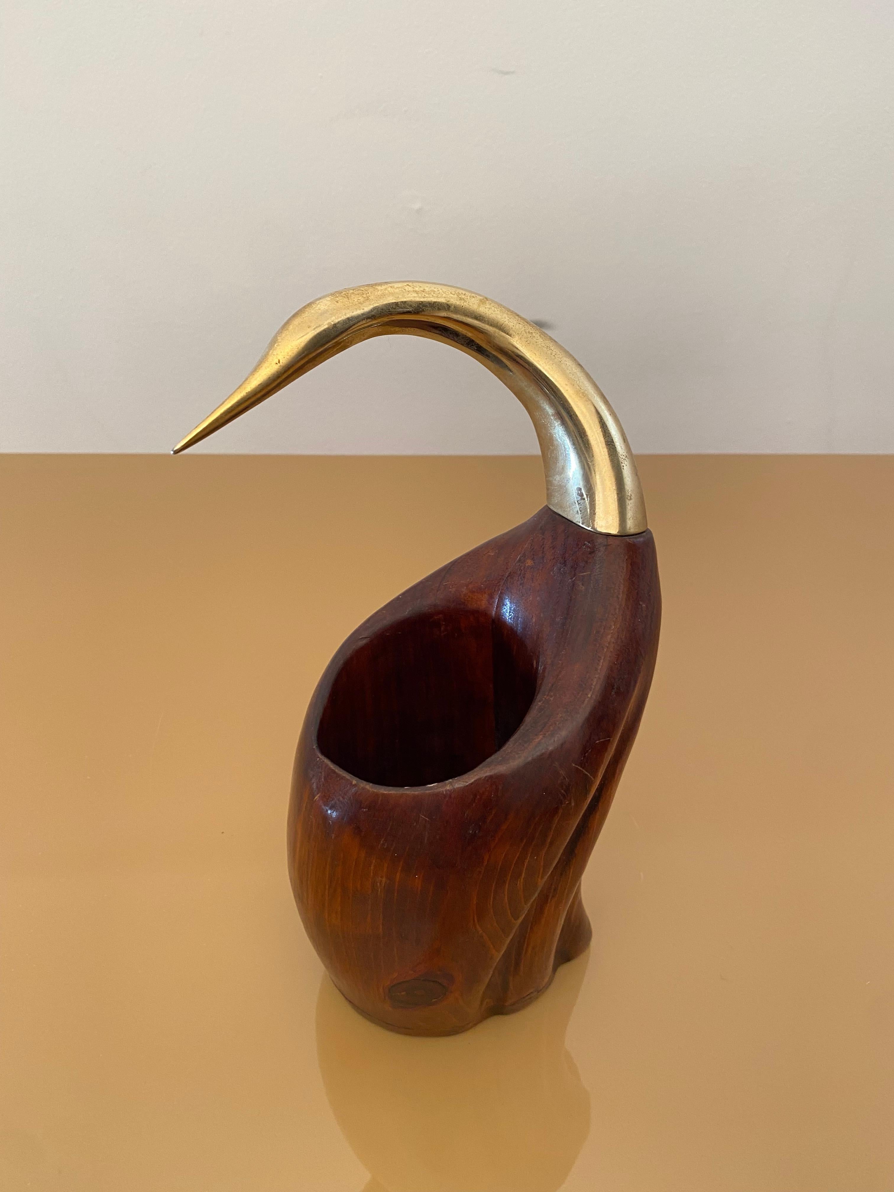 De Stijl Firenze Flaschenhalter Holz Metall Messing Vogel Skulptur 1970er Vintage bar (Ende des 20. Jahrhunderts) im Angebot