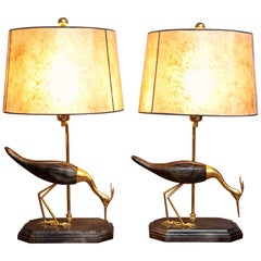 Retro De Stijl Firenze Italian Heron Carved Strobo Wood Hand-Painted Bird Lamps, Pair