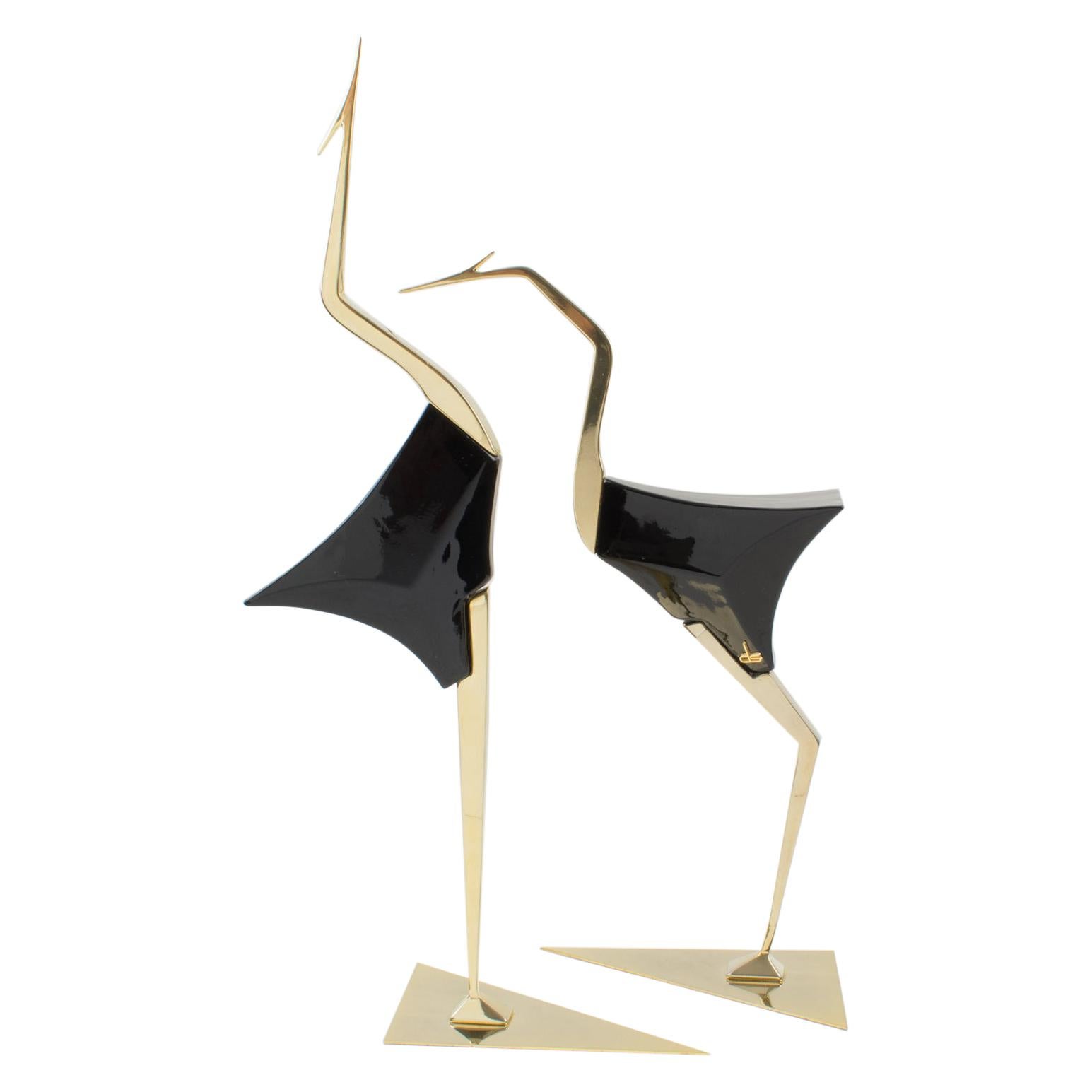De Stijl Firenze Italy 1970s Giant Wood and Brass Bird Sculpture, a pair