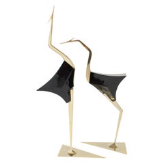 Vintage De Stijl Firenze Italy 1970s Giant Wood and Brass Bird Sculpture, a pair