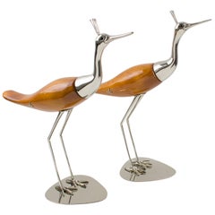 Vintage De Stijl Firenze Italy 1970s Giant Wood Silvered Metal Bird Sculpture, a Pair