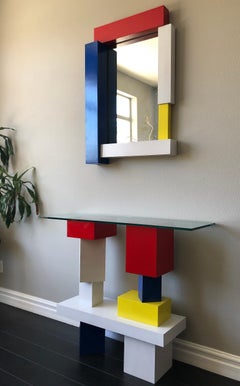 De Stijl Mondrian Style Console Table and Mirror, Signed, 1994