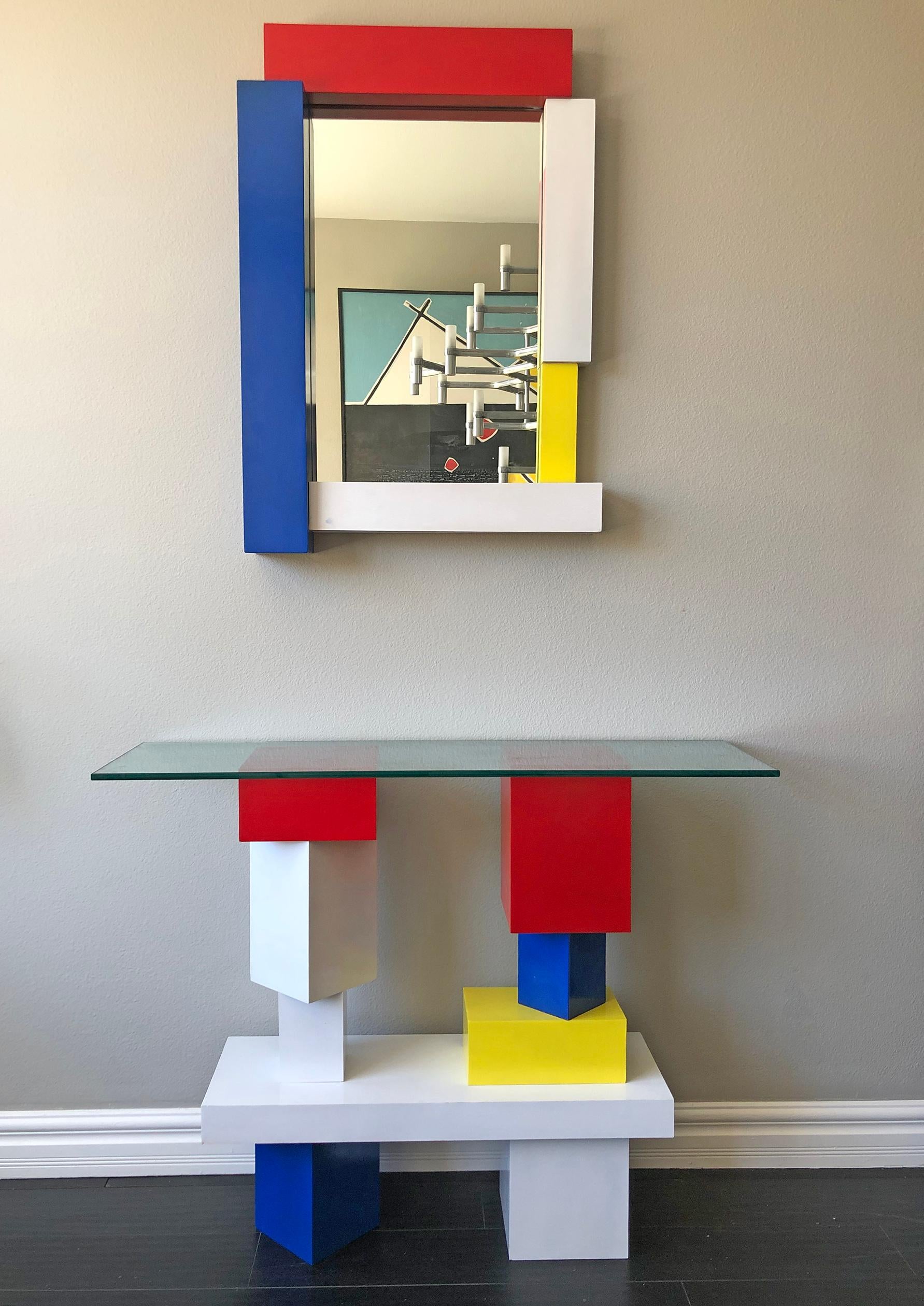 Modern De Stijl Mondrian Style Console Table and Mirror, Signed, 1994