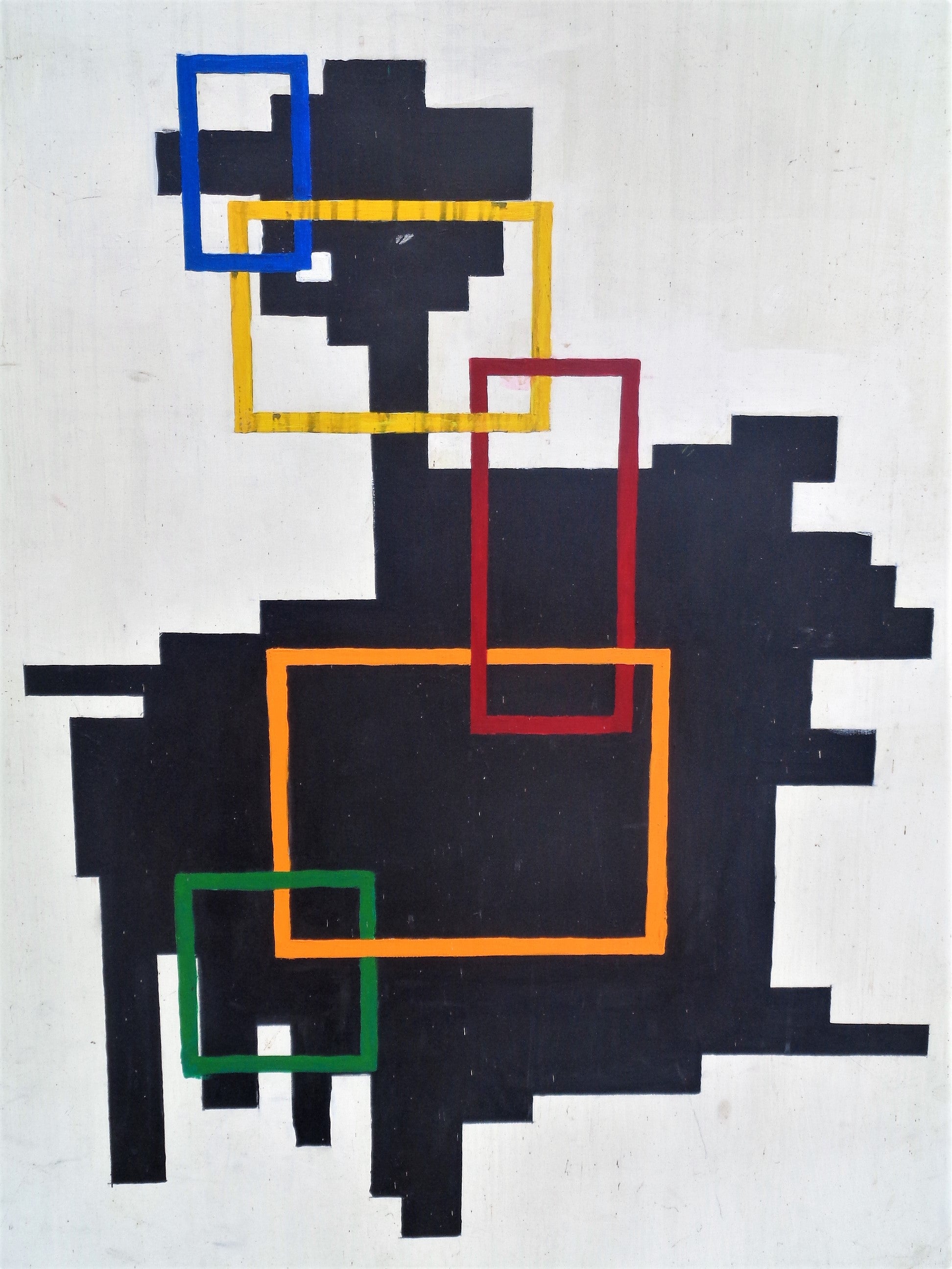 Large decorative geometric abstract painting on masonite board in the style of the De Stijl. Anonymous work, circa 1960. Look at all pictures and read condition report in comment section.