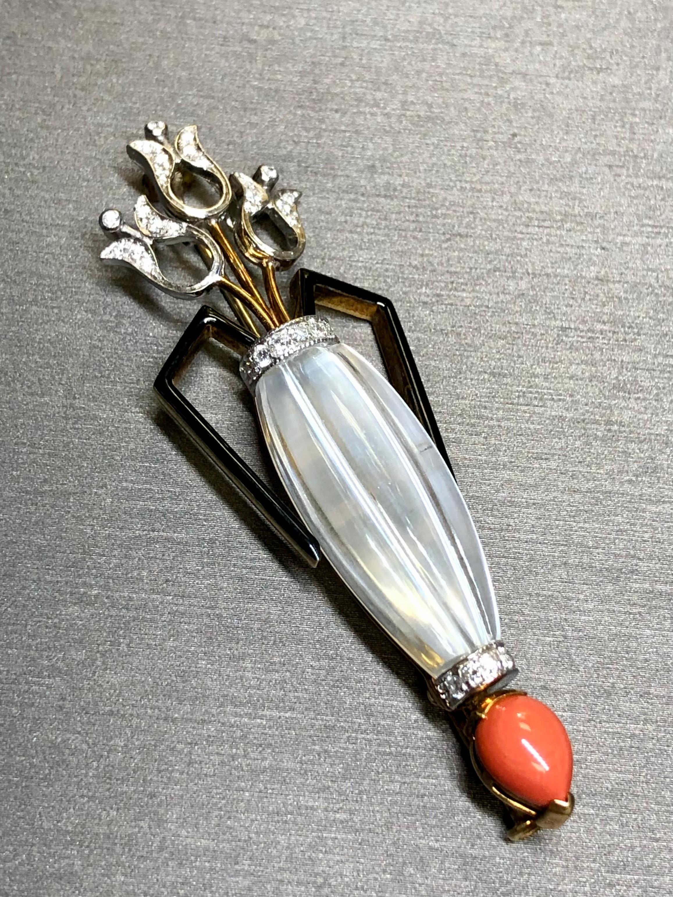 Round Cut DE VECCHI Vintage 18K Diamond Carved Crystal Coral Tulip Flower Vase Brooch For Sale