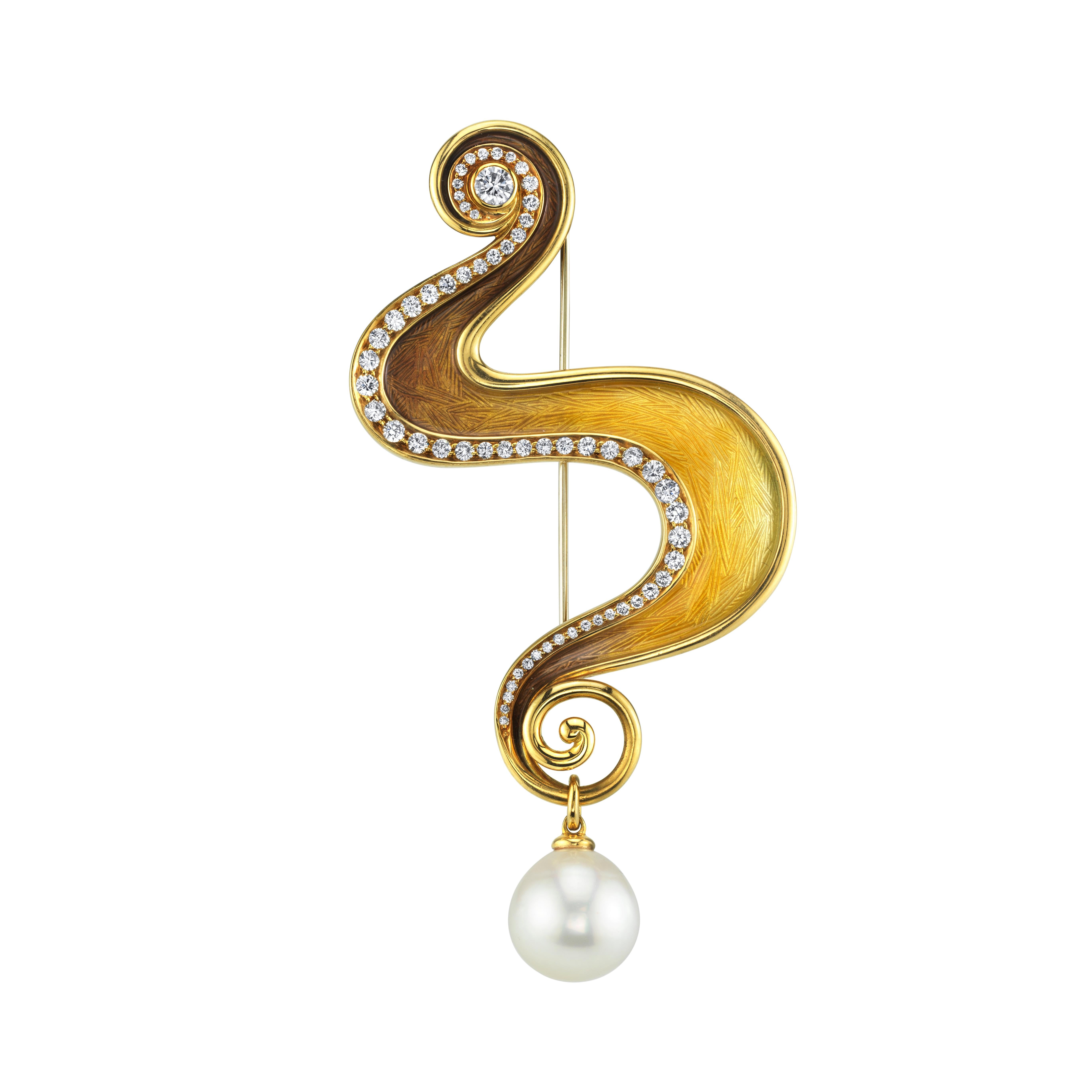 De Vroomen Diamond and Enamel Drop Earrings in Gold with Detachable Pearls 6