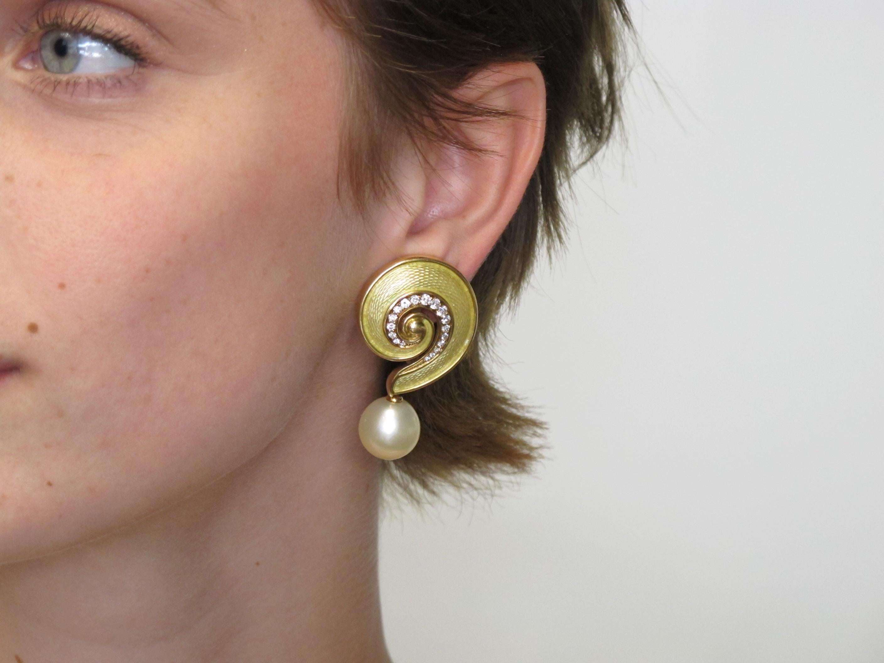 Artisan De Vroomen Diamond and Enamel Drop Earrings in Gold with Detachable Pearls