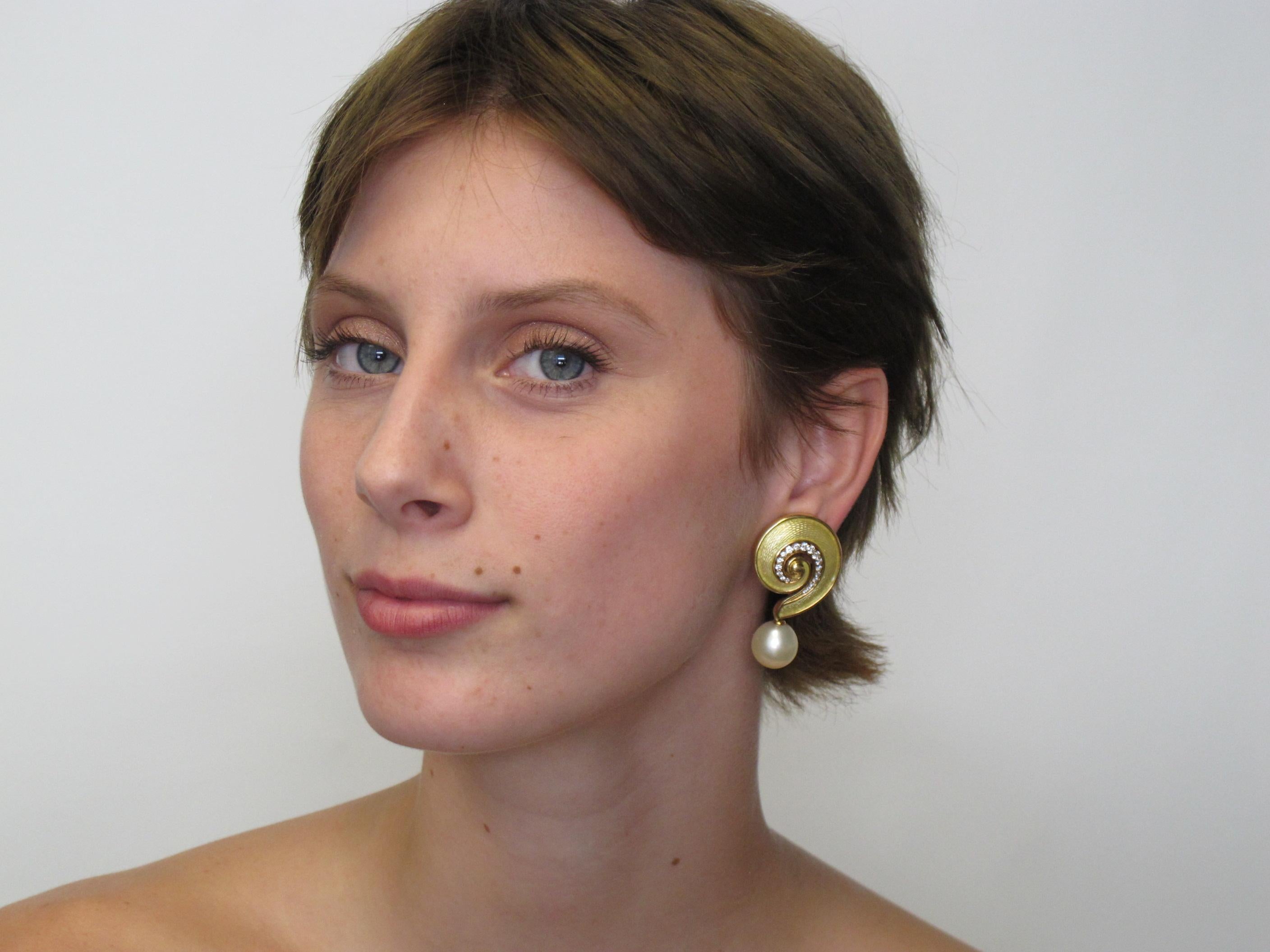 Round Cut De Vroomen Diamond and Enamel Drop Earrings in Gold with Detachable Pearls