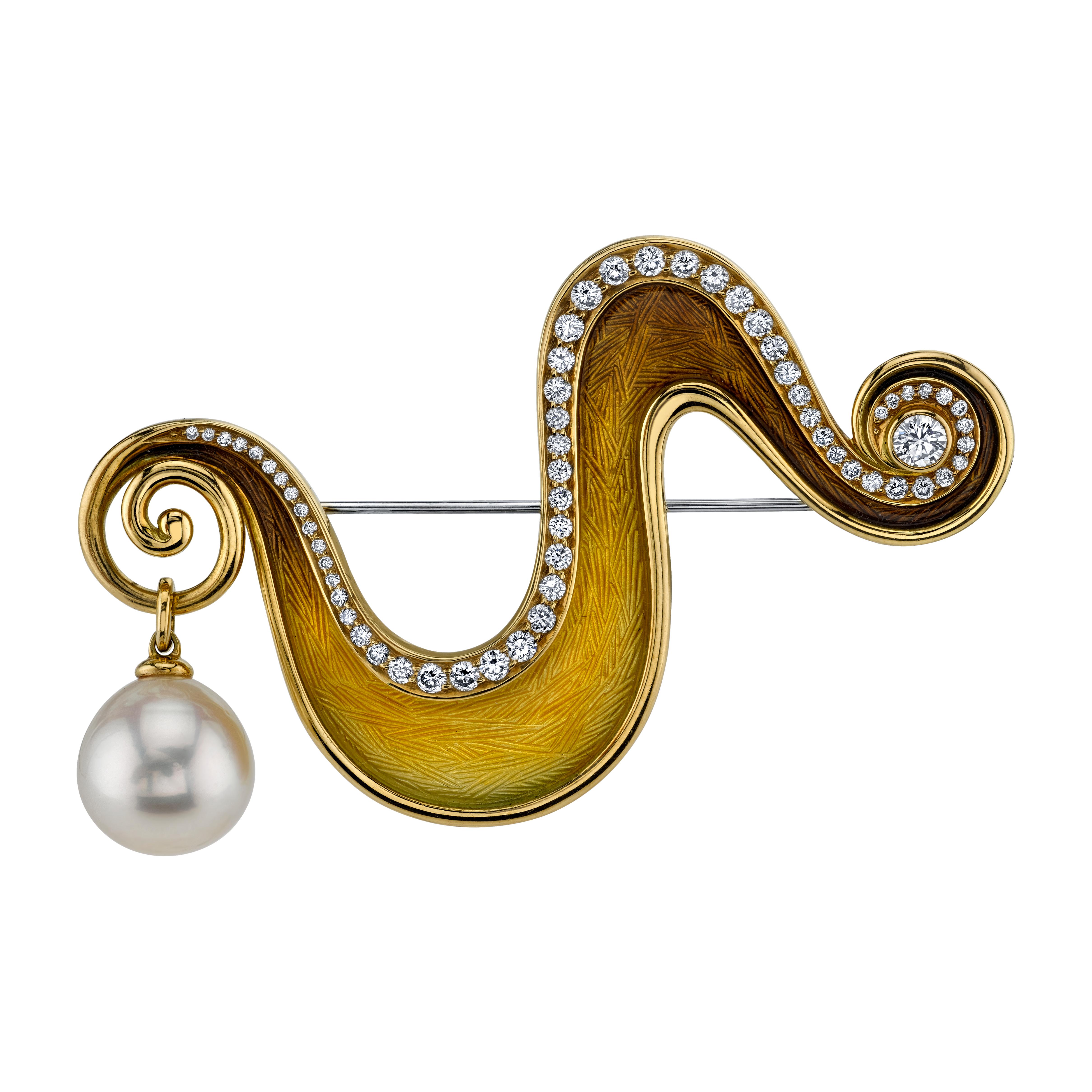 De Vroomen Diamond and Enamel Drop Earrings in Gold with Detachable Pearls 5