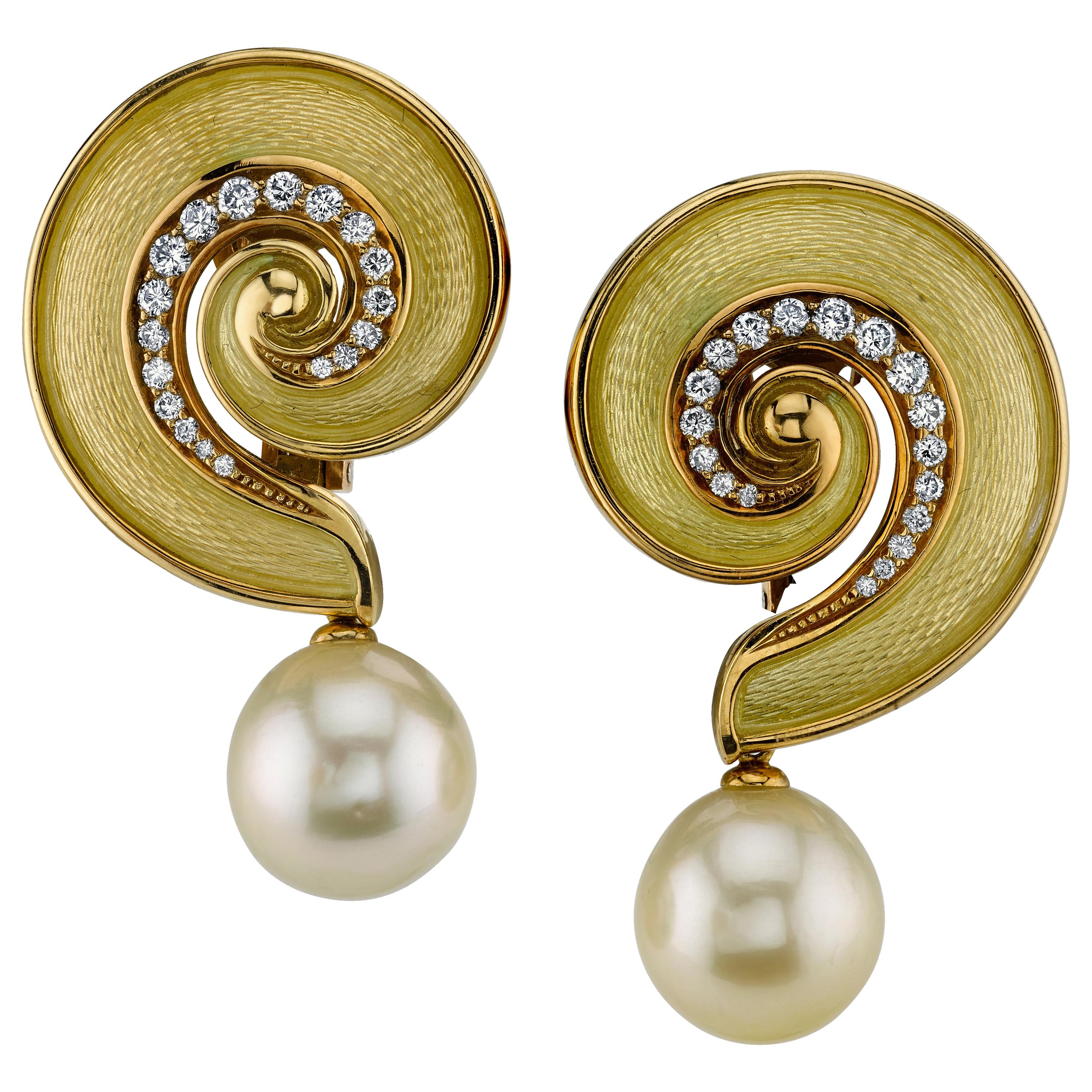 De Vroomen Diamond and Enamel Drop Earrings in Gold with Detachable Pearls