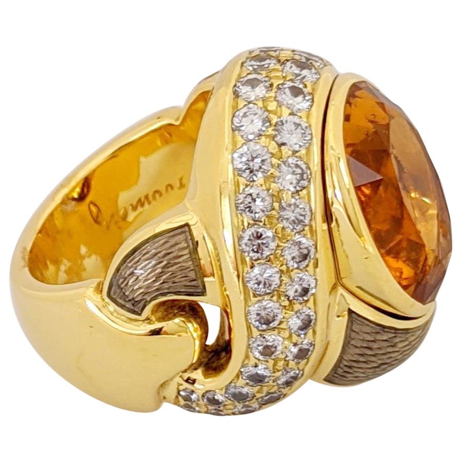 de Vroomen Ring aus 18 Karat Gelbgold, 10,77 Karat Citrin, Diamant und Emaille