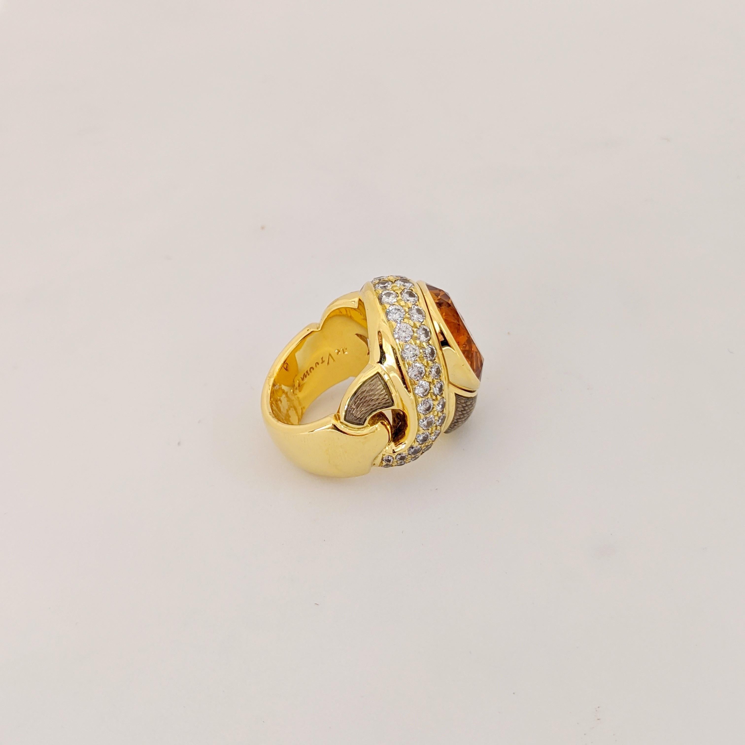 de Vroomen Ring aus 18 Karat Gelbgold, 10,77 Karat Citrin, Diamant und Emaille (Zeitgenössisch) im Angebot