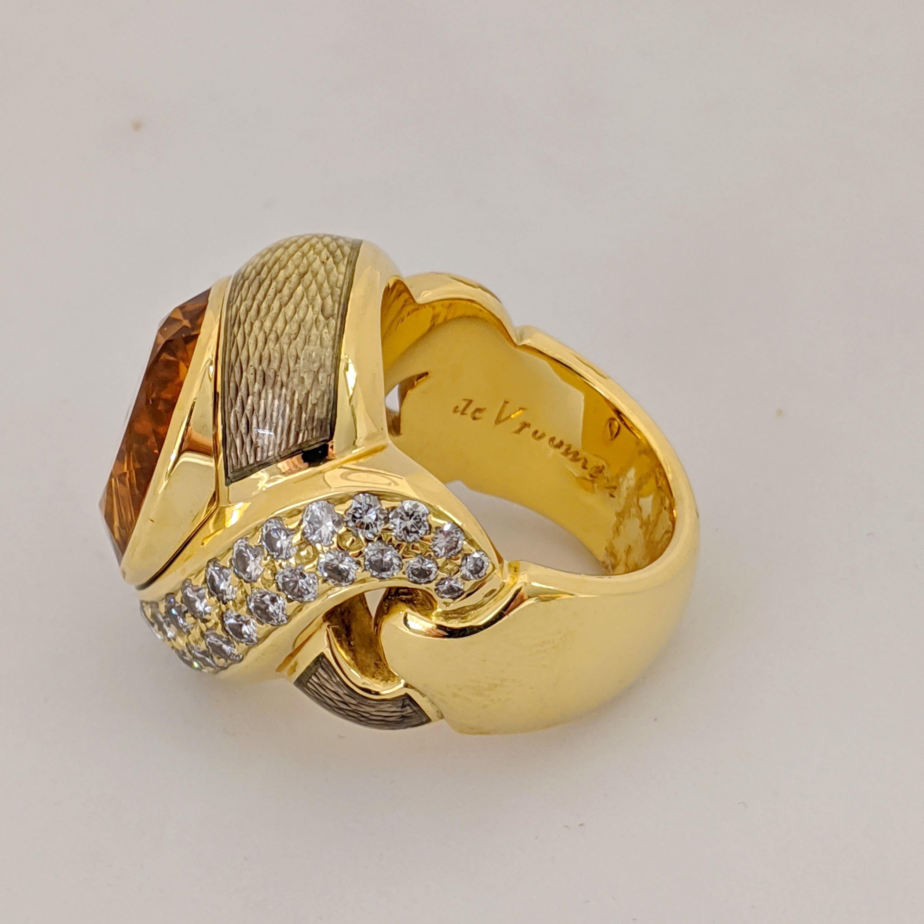Contemporary de Vroomen 18 Karat Yellow Gold, 10.77 Carat Citrine, Diamond and Enamel Ring For Sale