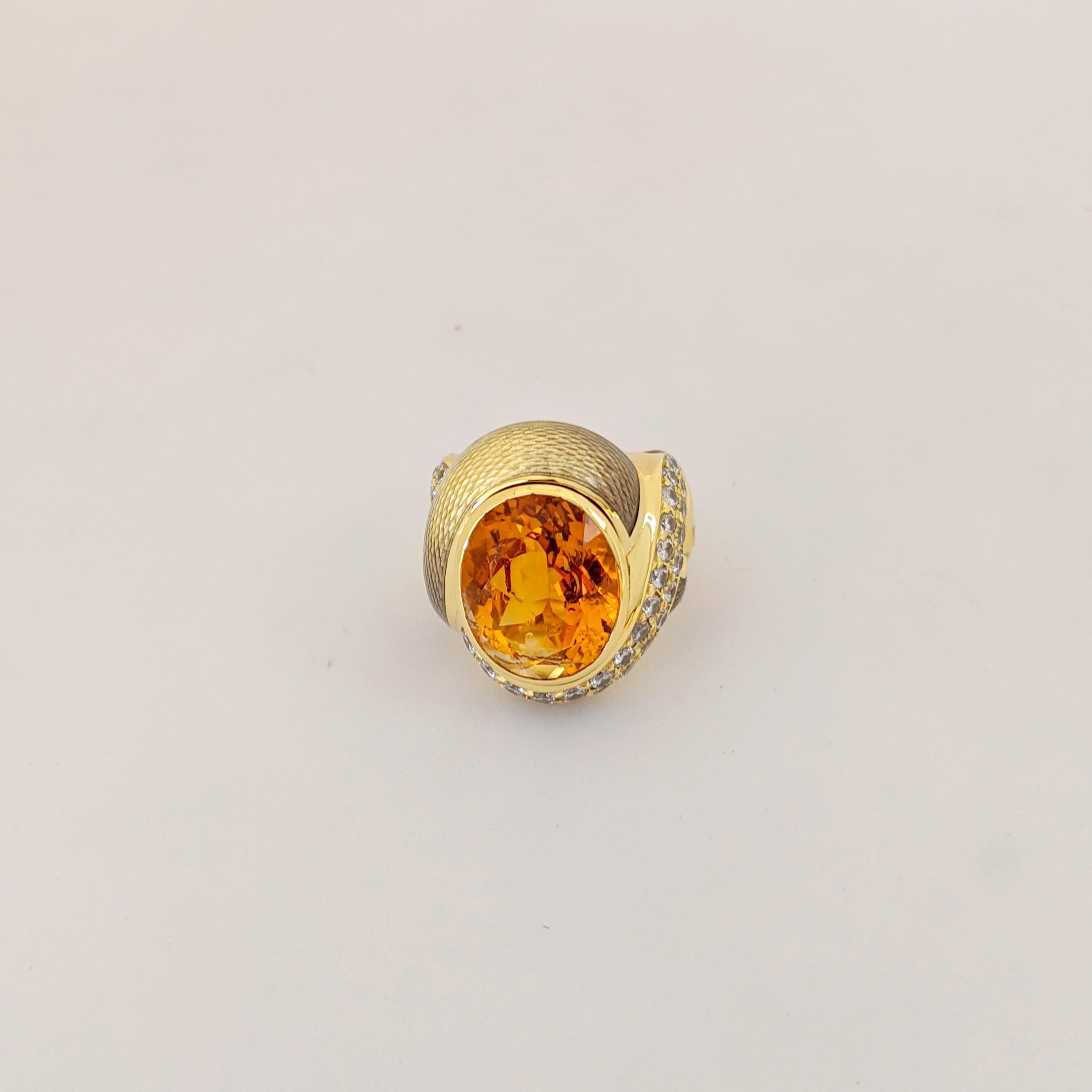Oval Cut de Vroomen 18 Karat Yellow Gold, 10.77 Carat Citrine, Diamond and Enamel Ring For Sale