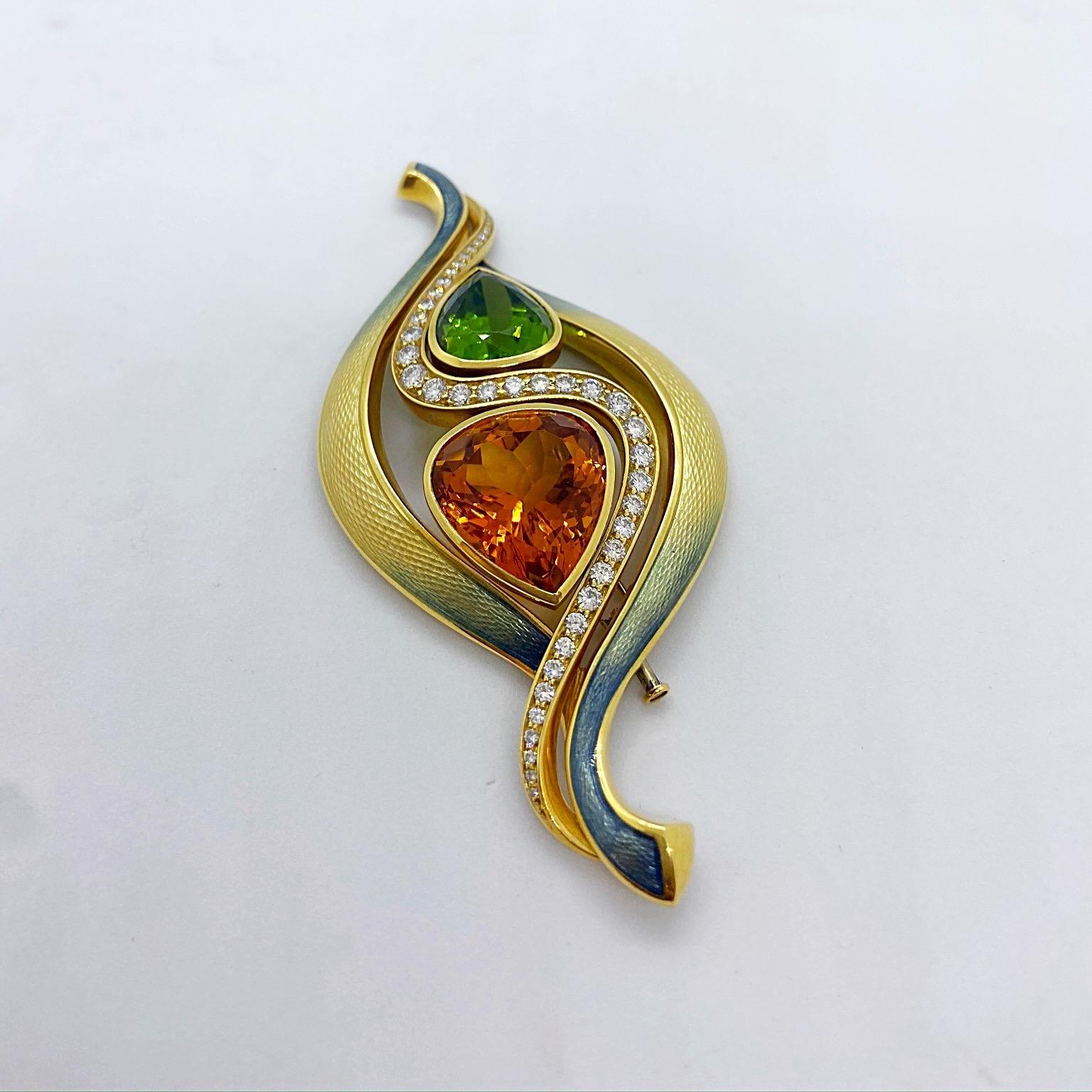 Pear Cut De Vroomen 18 Karat Gold Enamel Brooch with Citrine, Peridot, and Diamonds For Sale