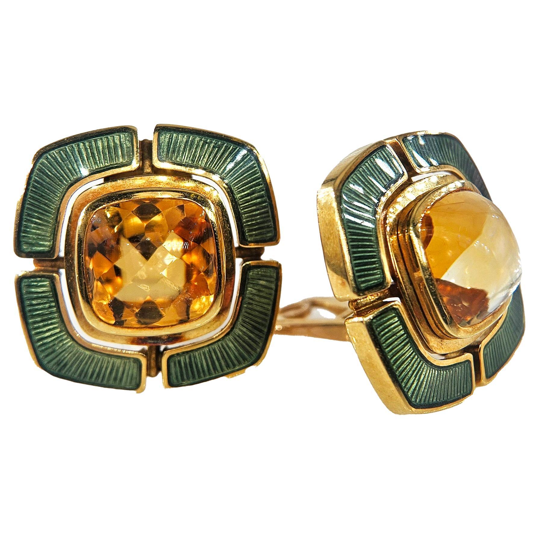 DE VROOMEN A Pair Of 18K Gold Citrine Green Guilloché Enamel Ear Clips Earrings