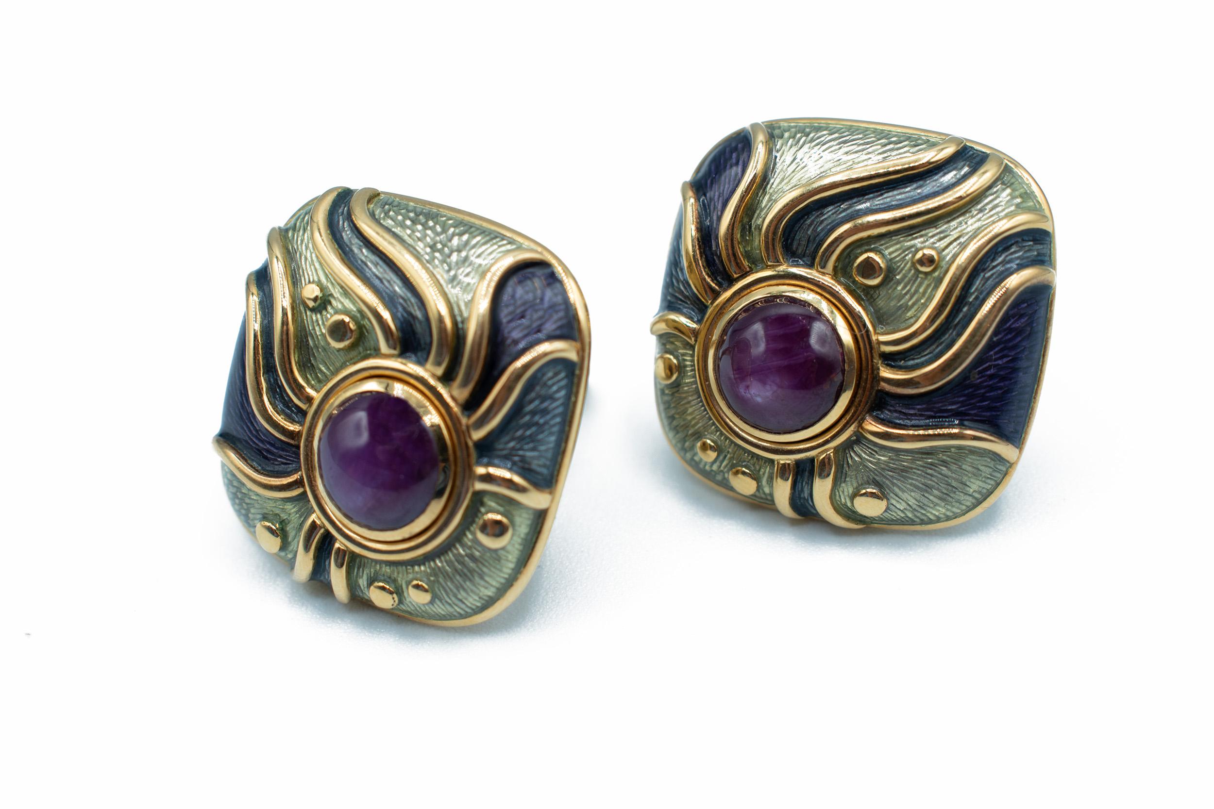 De Vroomen Boucles d'oreilles en or 18ct Améthyste et émail Excellent état - En vente à London, GB