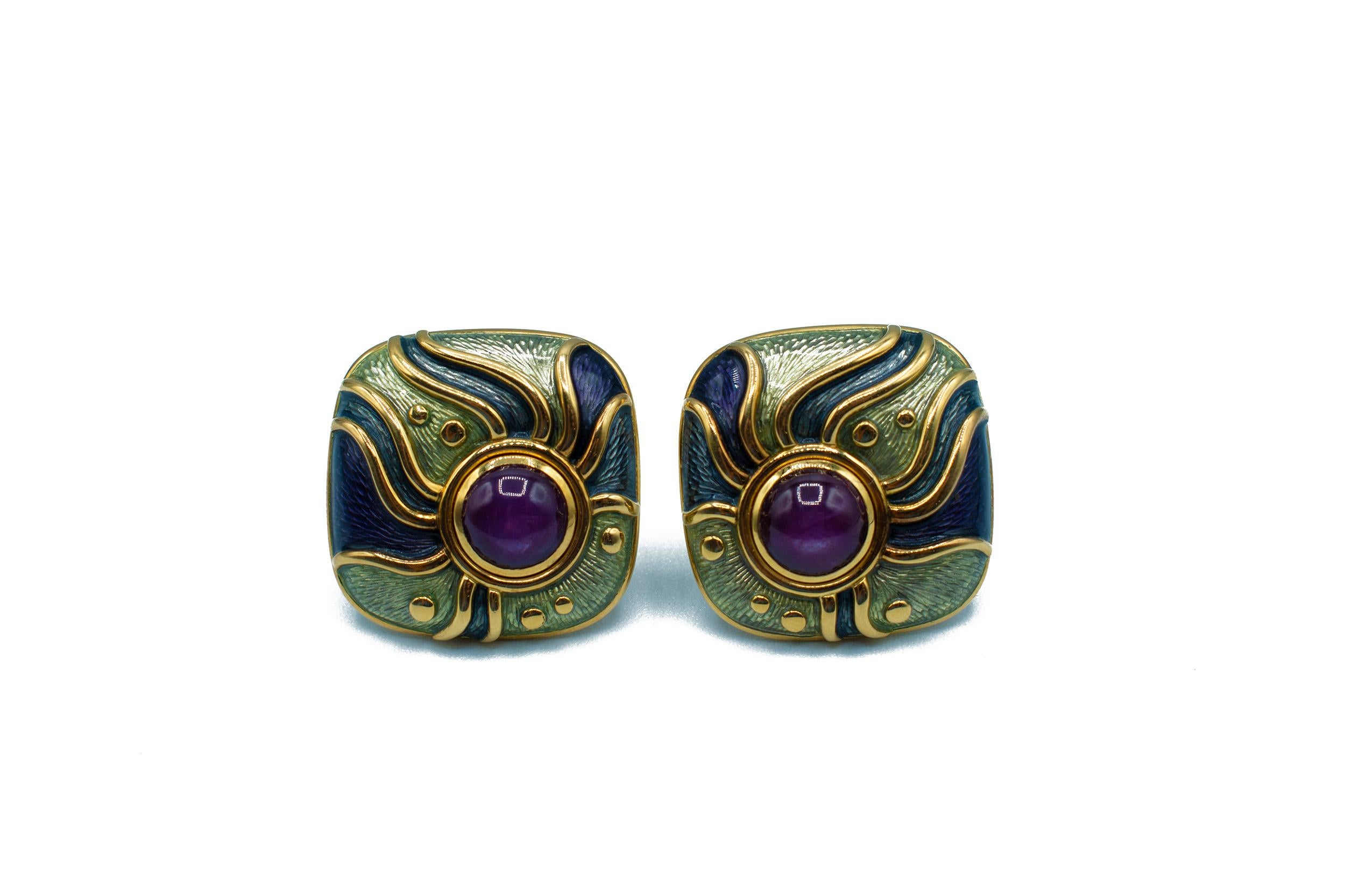 De Vroomen Boucles d'oreilles en or 18ct Améthyste et émail en vente 1