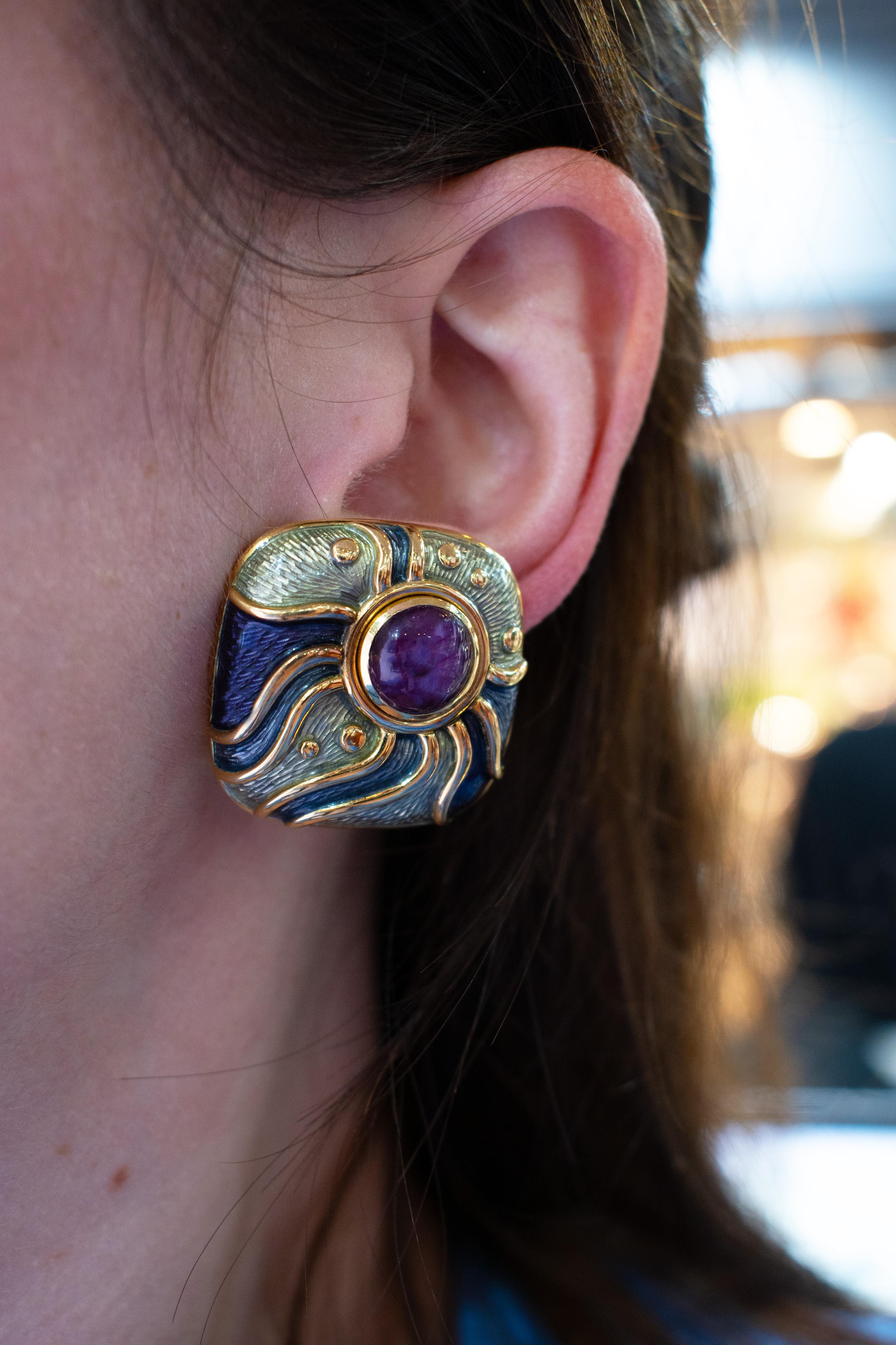 De Vroomen Boucles d'oreilles en or 18ct Améthyste et émail en vente 2