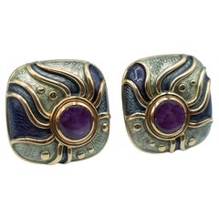 De Vroomen Boucles d'oreilles en or 18ct Améthyste et émail