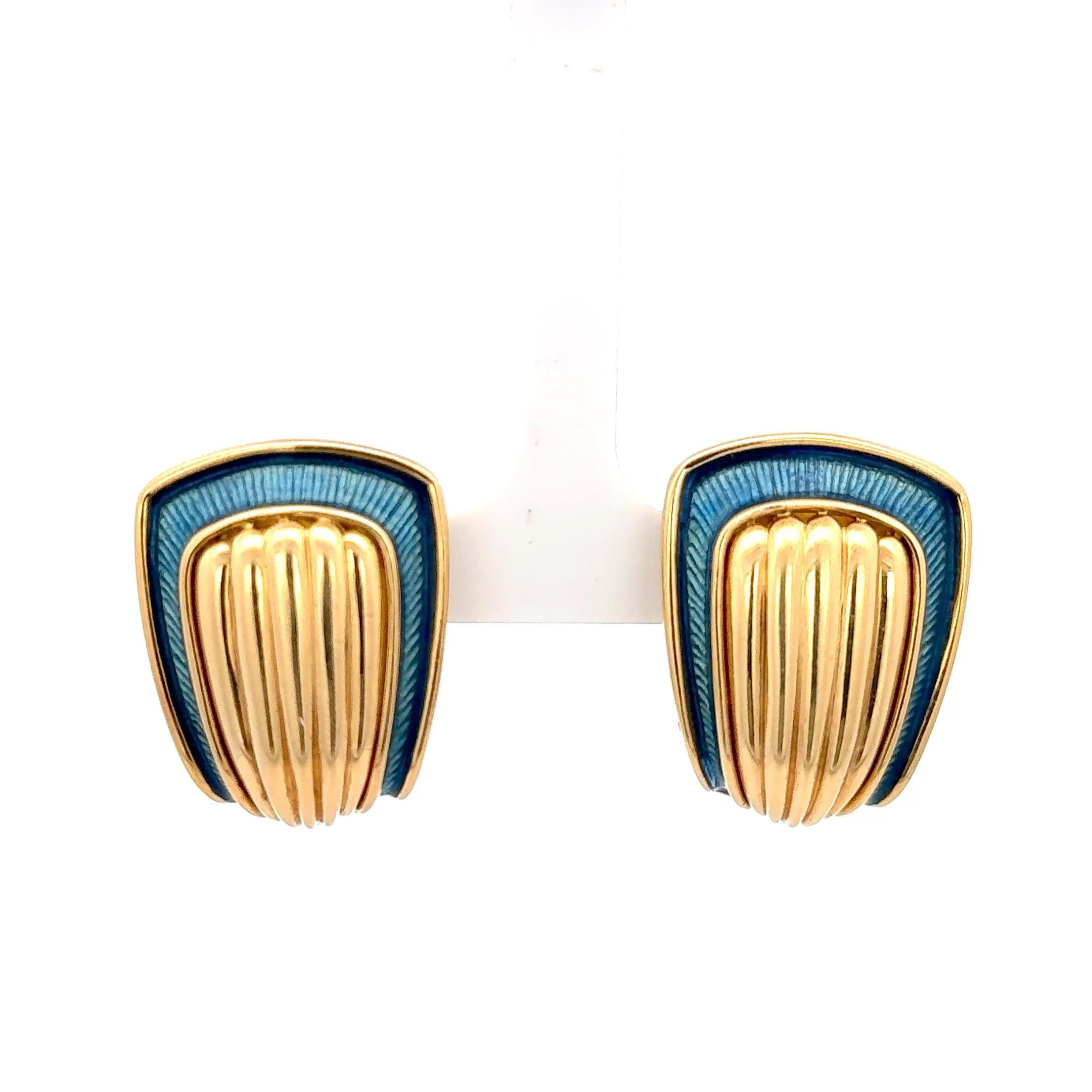 Pendientes De Vroomen Esmalte Azul Oro Amarillo 18K en Excelente estado para la venta en Dallas, TX