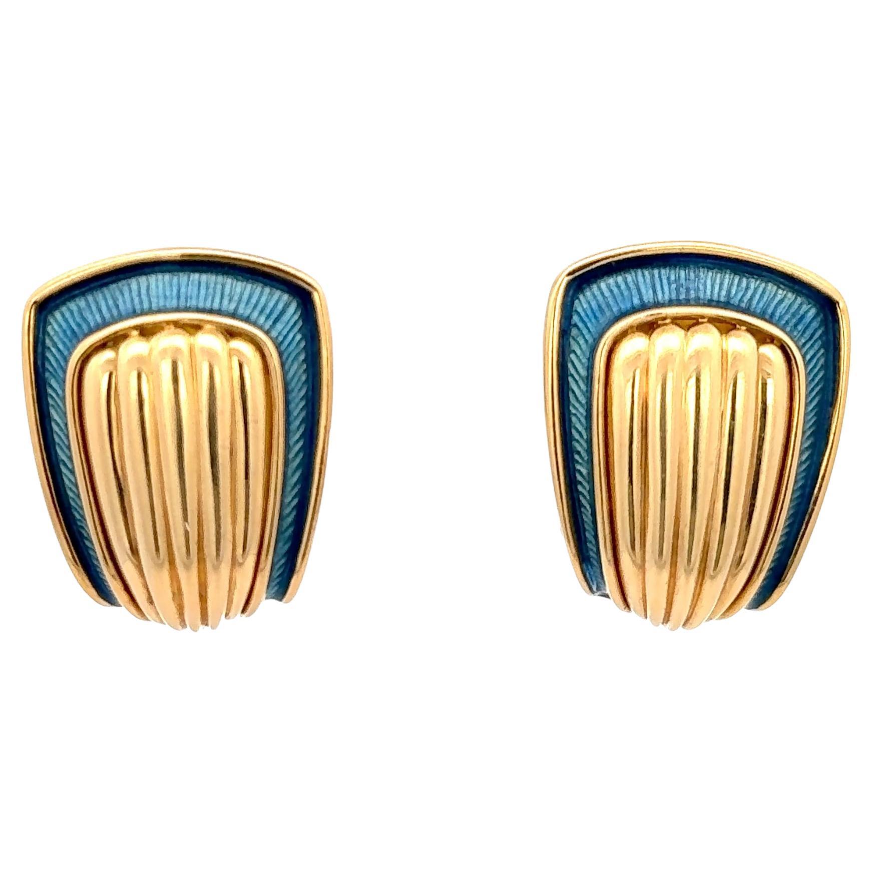 Pendientes De Vroomen Esmalte Azul Oro Amarillo 18K en venta