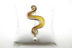 De Vroomen Enamel, Pearl and Diamond 18k Yellow Gold Brooch
