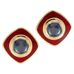 De Vroomen Hematite Red Enamel Yellow Gold Clip Earrings