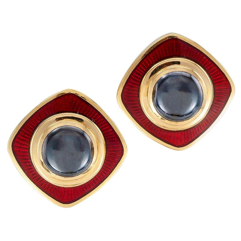 De Vroomen Hematite Red Enamel Yellow Gold Clip Earrings at 1stDibs