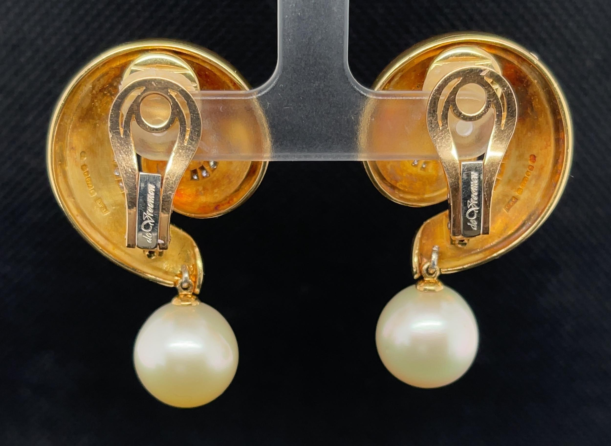 De Vroomen Diamond and Enamel Drop Earrings in Gold with Detachable Pearls 4