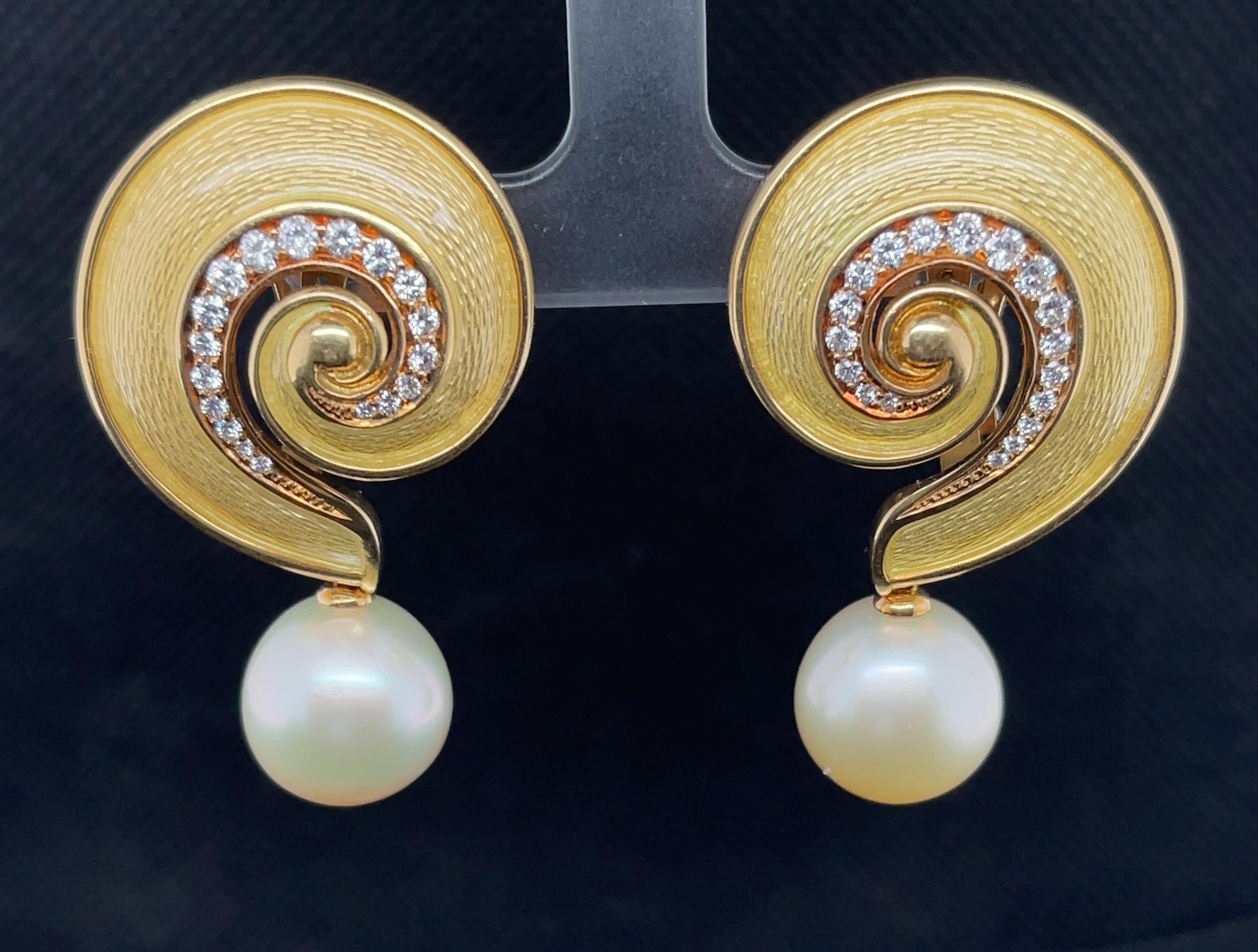 De Vroomen Diamond and Enamel Drop Earrings in Gold with Detachable Pearls 2
