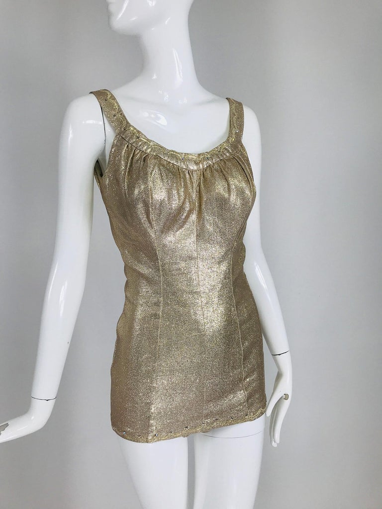 De Weese Designs 1950s Gold Metallic and Rhinestone Pin Up Swimsuit 14/ ...