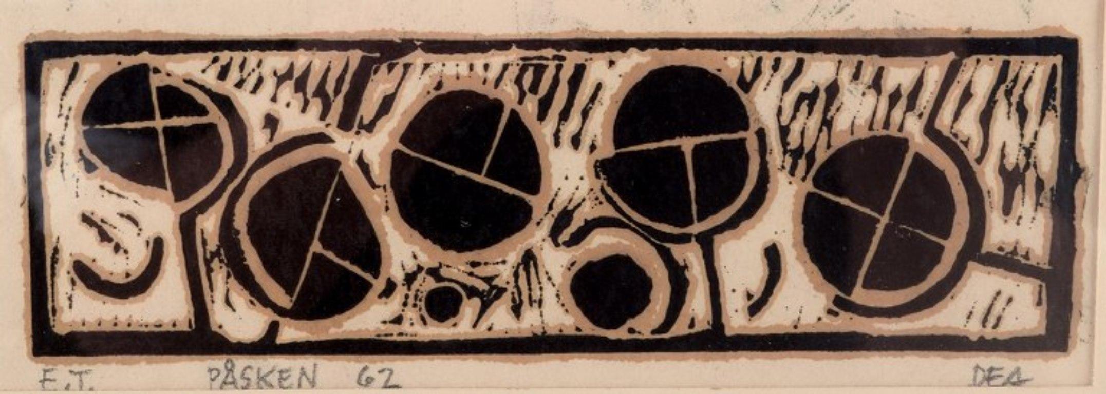 Dea Trier Mørch, listed Danish artist. 
Woodcut on Japanese paper (washi). Abstract motif.
Signed in pencil E.T. - Easter 62 - Dea.
In perfect condition.
Dimensions: W 18.5 x H 7.0 cm.
Total dimensions with frame: W 28.7 x H 22.3 cm.
