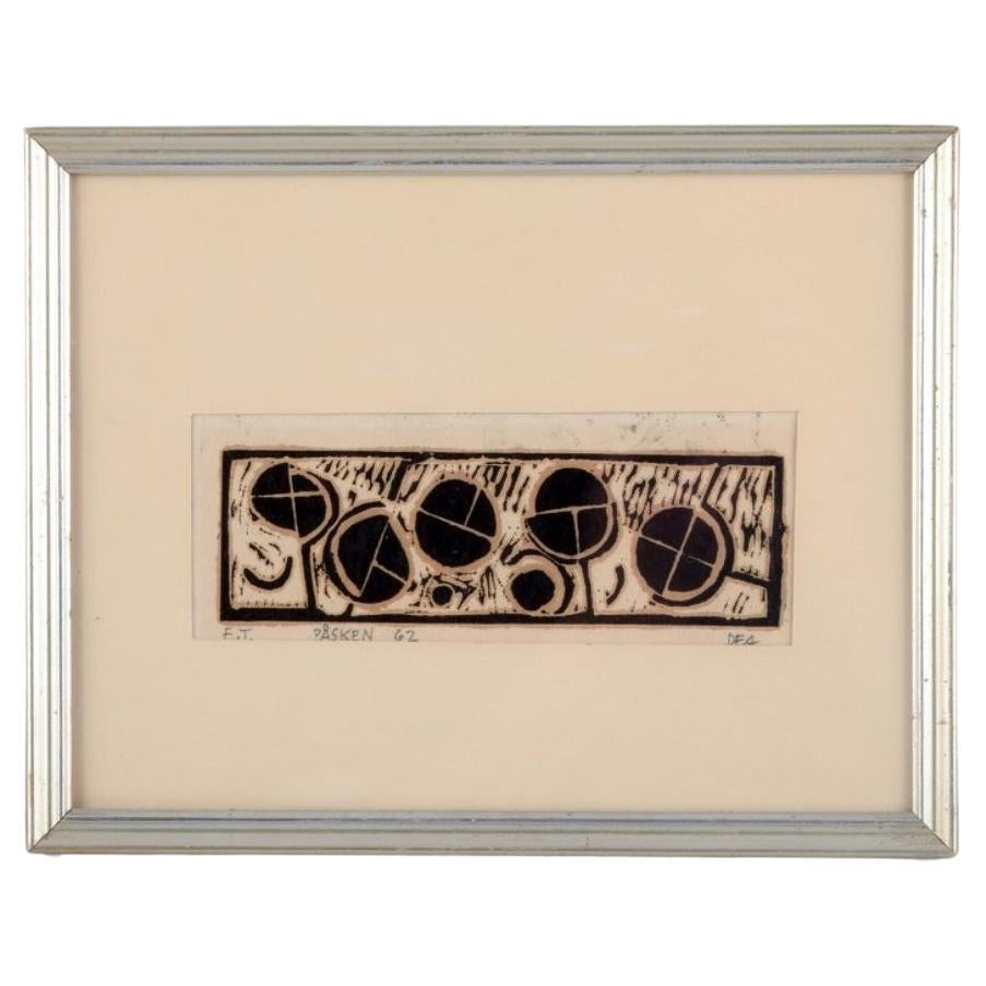 Dea Trier Mørch, listed Danish artist. Woodcut on Japanese paper. Abstract motif