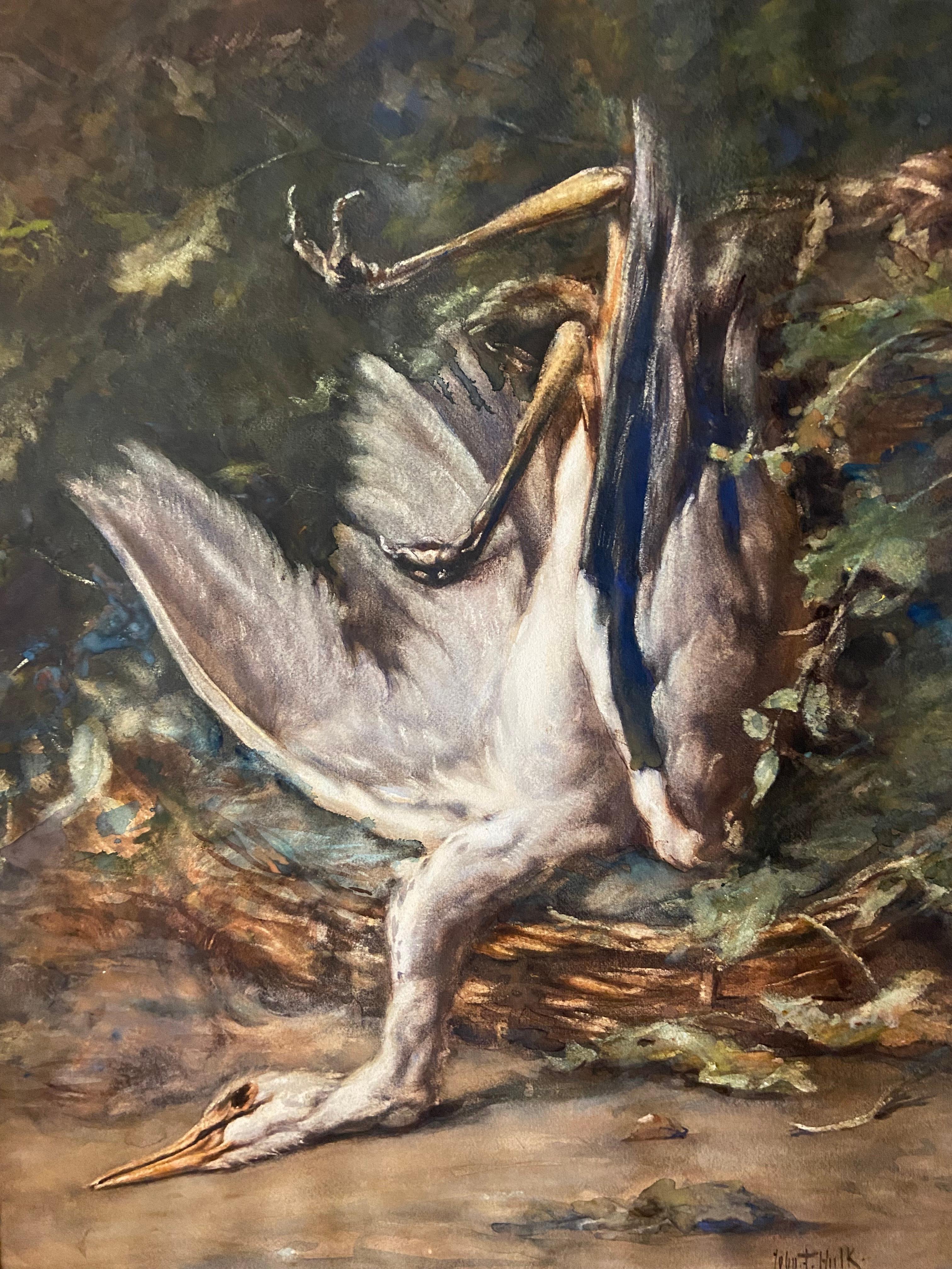 Dead heron by Johannes Frederik Hulk ( 1829 - 1911), work on paper. 
Signed: John F. Hulk, 1909
Behind glass, with an impressive gilde frame.

Johannes Frederik Hulk Sr. was a Dutch painter, draftsman, photographer, and owner of a paint supplies
