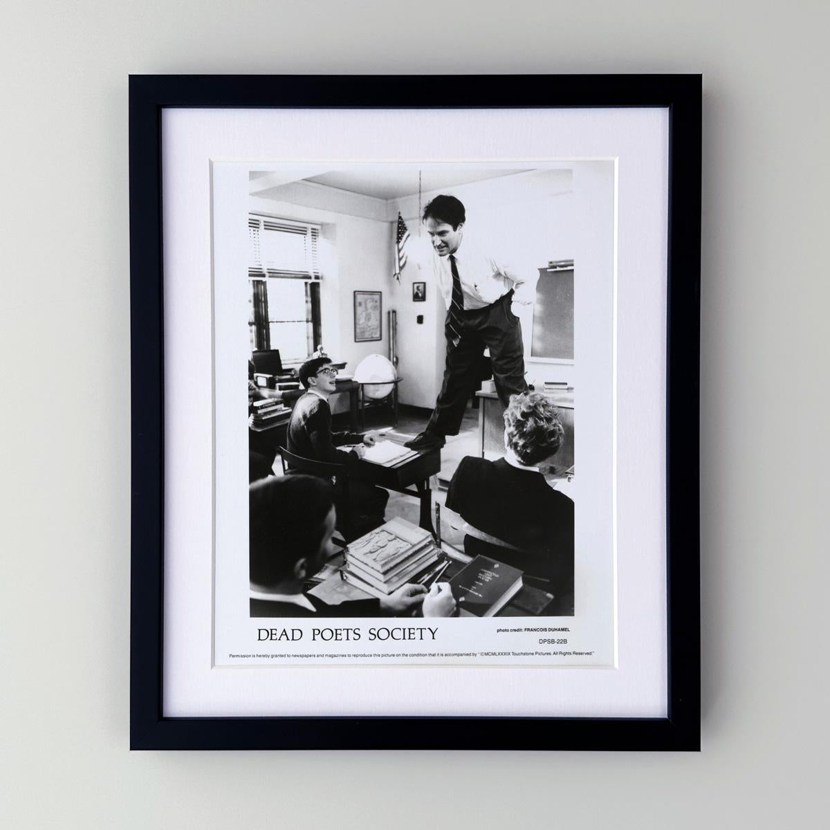 Original 8x10 inches Publicity Still for Dead Poet Society (1989). Directed by Peter Weir and written by Tom Schulman. 

Publicity (film/production) stills were created to help studios promote their new films. The stills were included with press