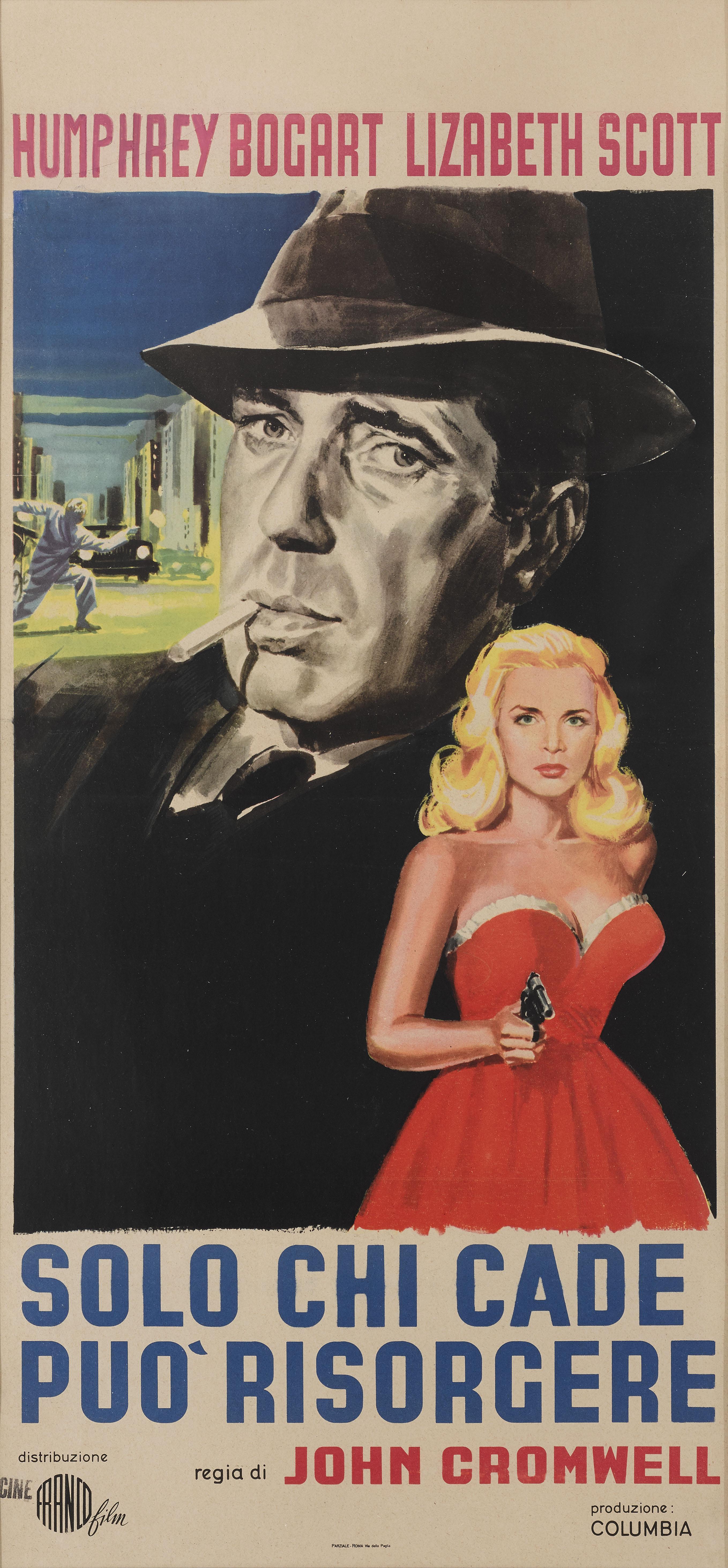 Original Italian film poster for the 1947 Film Noir Dead Reckoning.
This poster was designed for this films re-release in the 1960s and the artwork is unique to this Italian re-release.
The film starred Humphrey Bogart and Lizabeth Scott and was