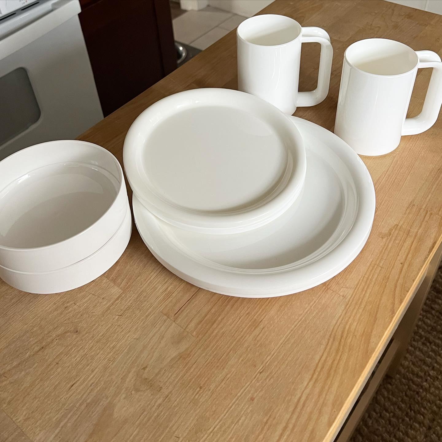This listing includes two sets! two dinner plates, two salad/dessert plates, two bowls, and two mug! Deadstock! Came in original packaging which was quite dusty on the outside, but preserved these perfect, brand new sets inside.  Stackable.