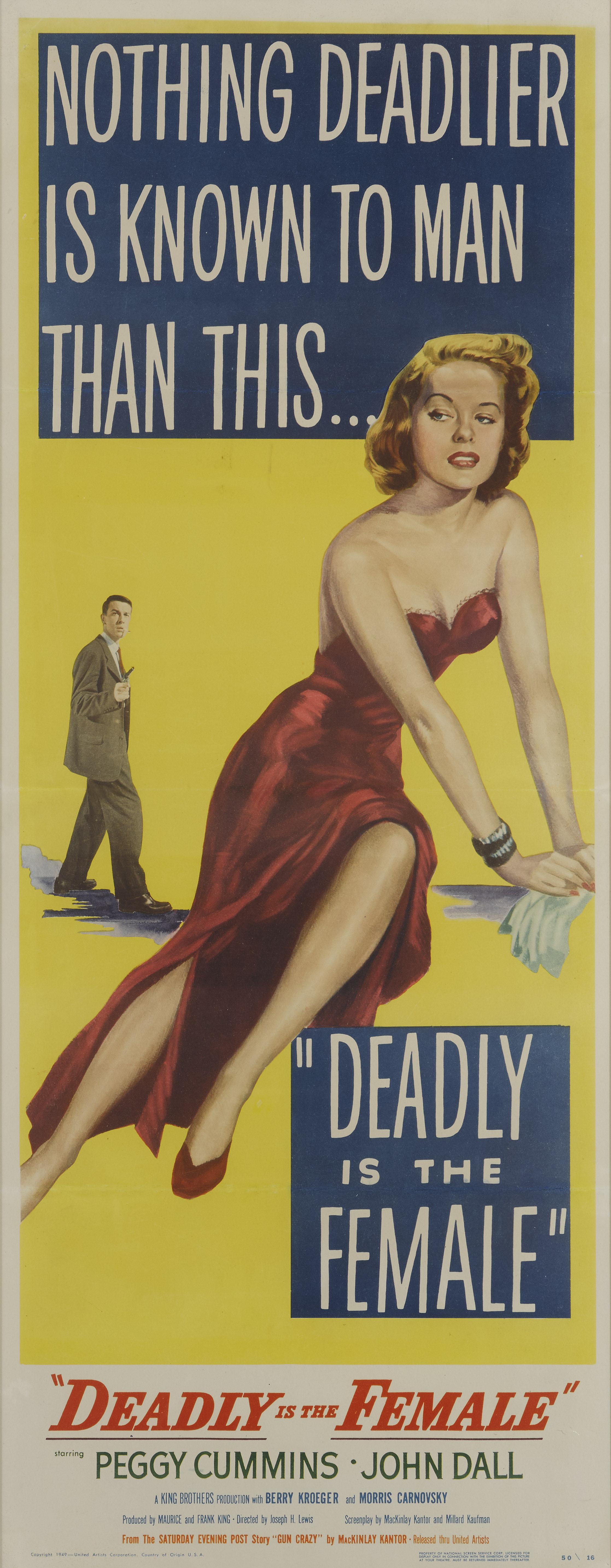 Original US film poster for the 1950 film Deadly is the Female.
This American film noir was directed by Joseph H. Lewis and stars Peggy Cummins and John Dall. It tells the story of a gun crazed husband and wife duo who go on a robbery spree. The