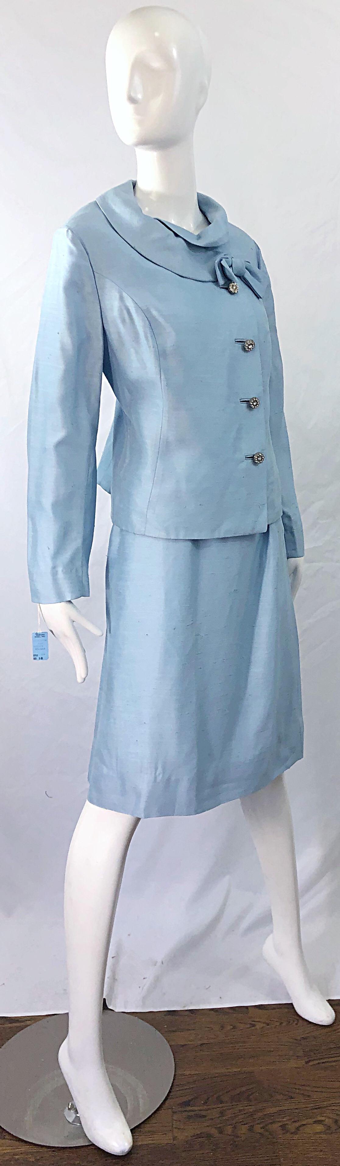 Deadstock 1960s Alvin Handmacher Light Blue Rhinestone Vintage 60s Skirt Suit For Sale 3