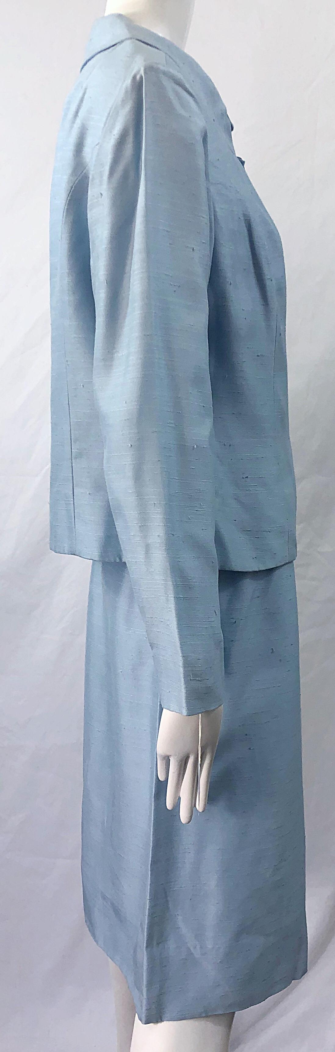 Deadstock 1960s Alvin Handmacher Light Blue Rhinestone Vintage 60s Skirt Suit For Sale 4