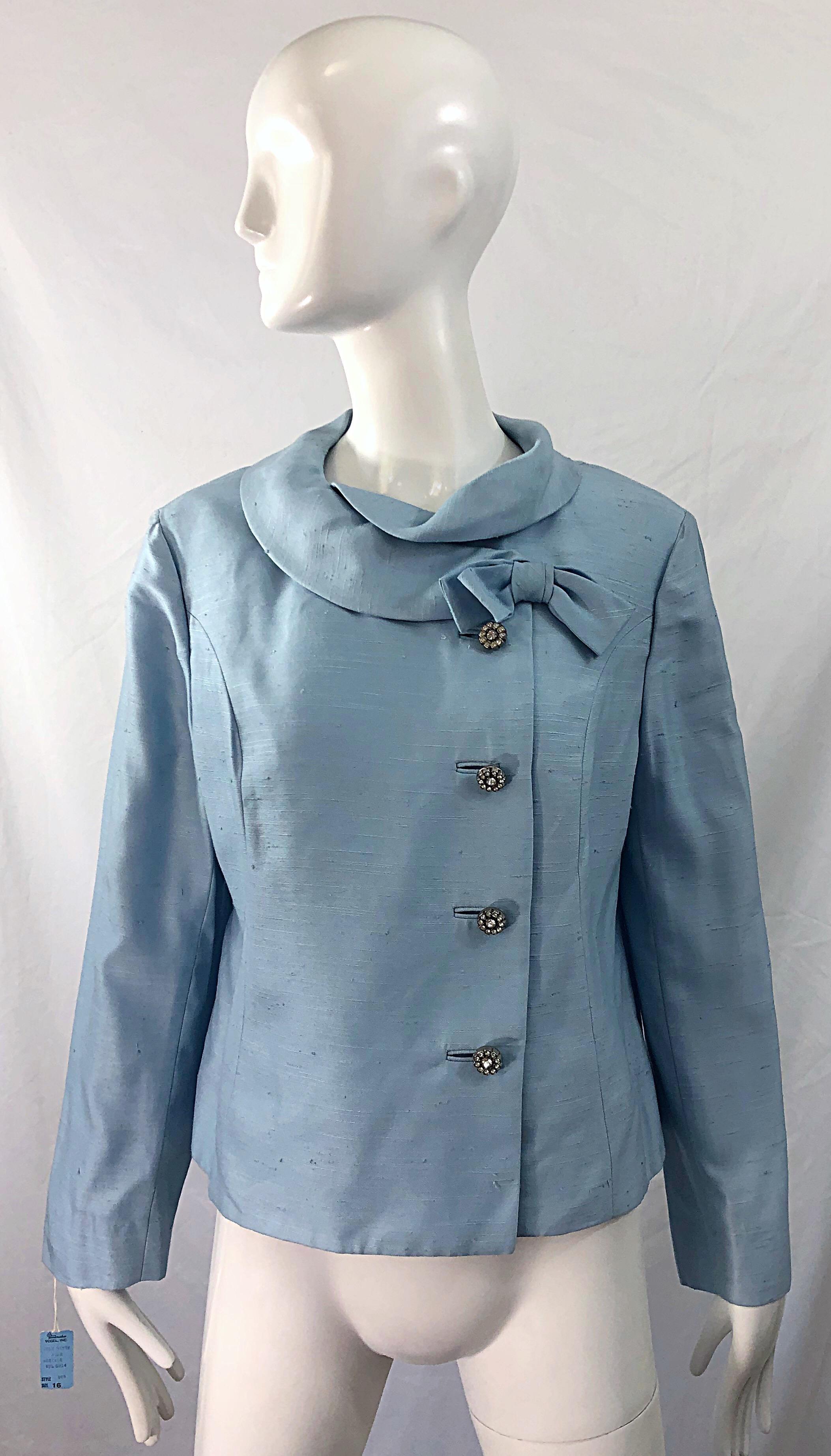 Deadstock 1960s Alvin Handmacher Light Blue Rhinestone Vintage 60s Skirt Suit For Sale 5