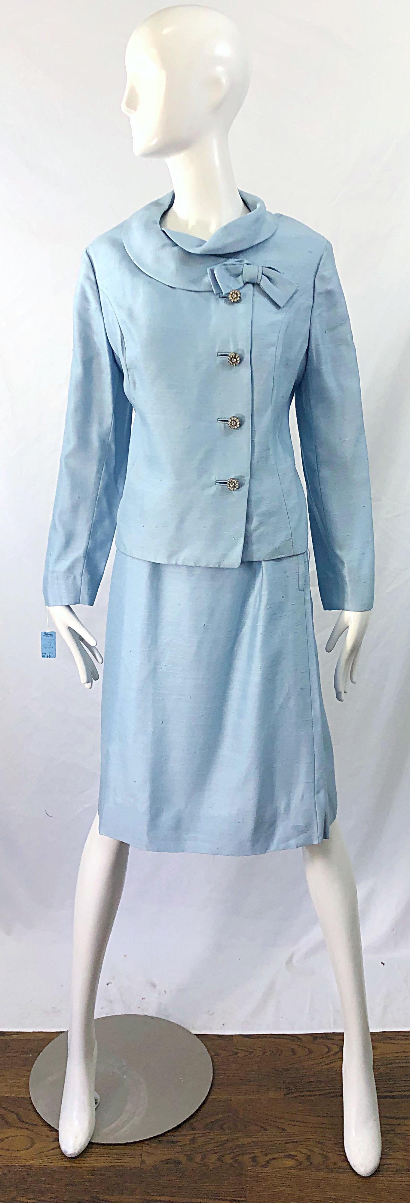 Deadstock 1960s Alvin Handmacher Light Blue Rhinestone Vintage 60s Skirt Suit For Sale 7