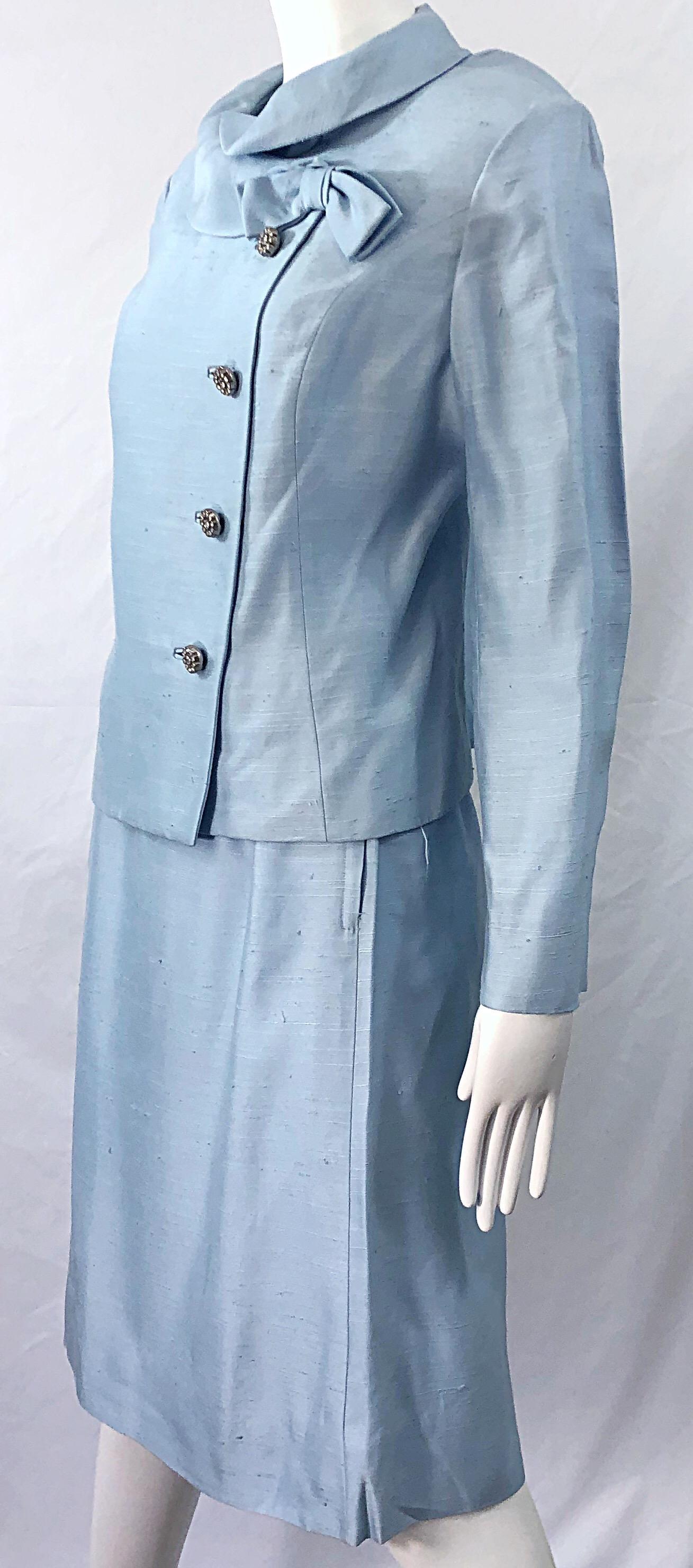 Deadstock 1960s Alvin Handmacher Light Blue Rhinestone Vintage 60s Skirt Suit In New Condition For Sale In San Diego, CA