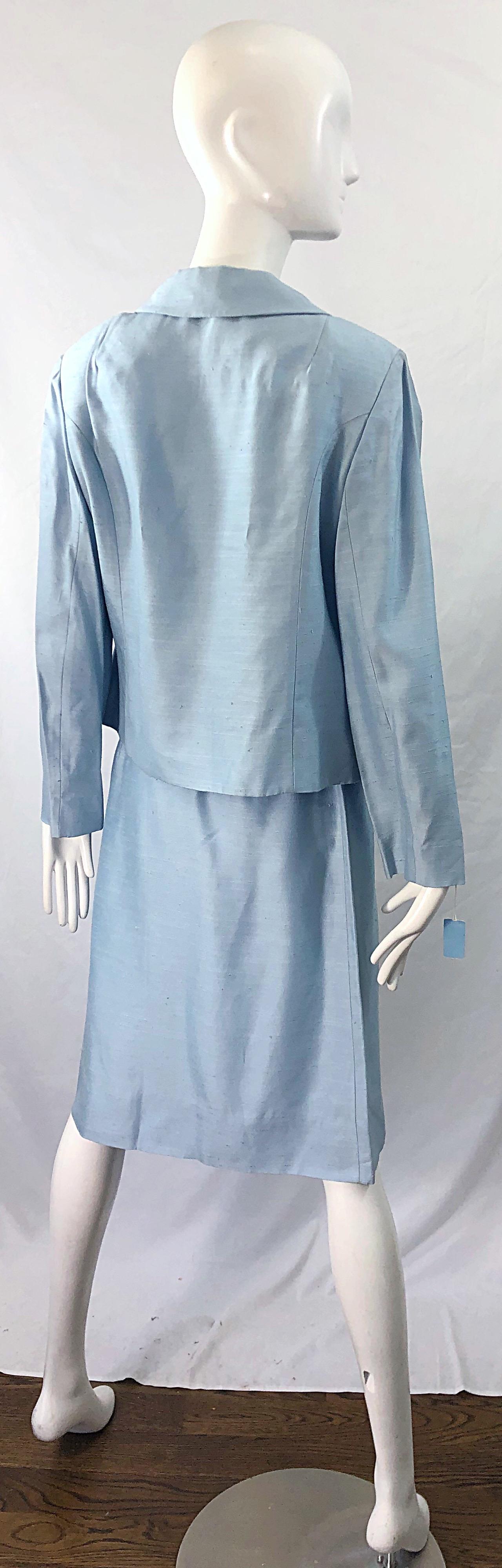 Women's Deadstock 1960s Alvin Handmacher Light Blue Rhinestone Vintage 60s Skirt Suit For Sale