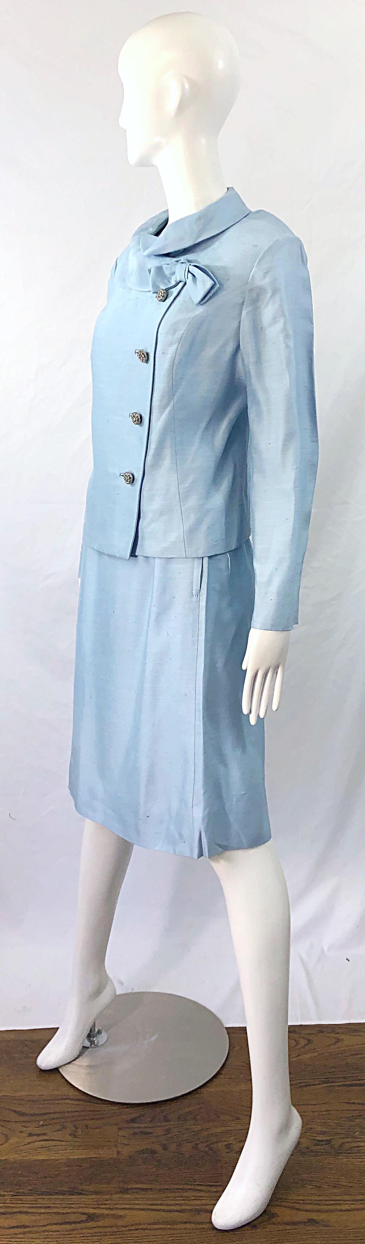Deadstock 1960s Alvin Handmacher Light Blue Rhinestone Vintage 60s Skirt Suit For Sale 1