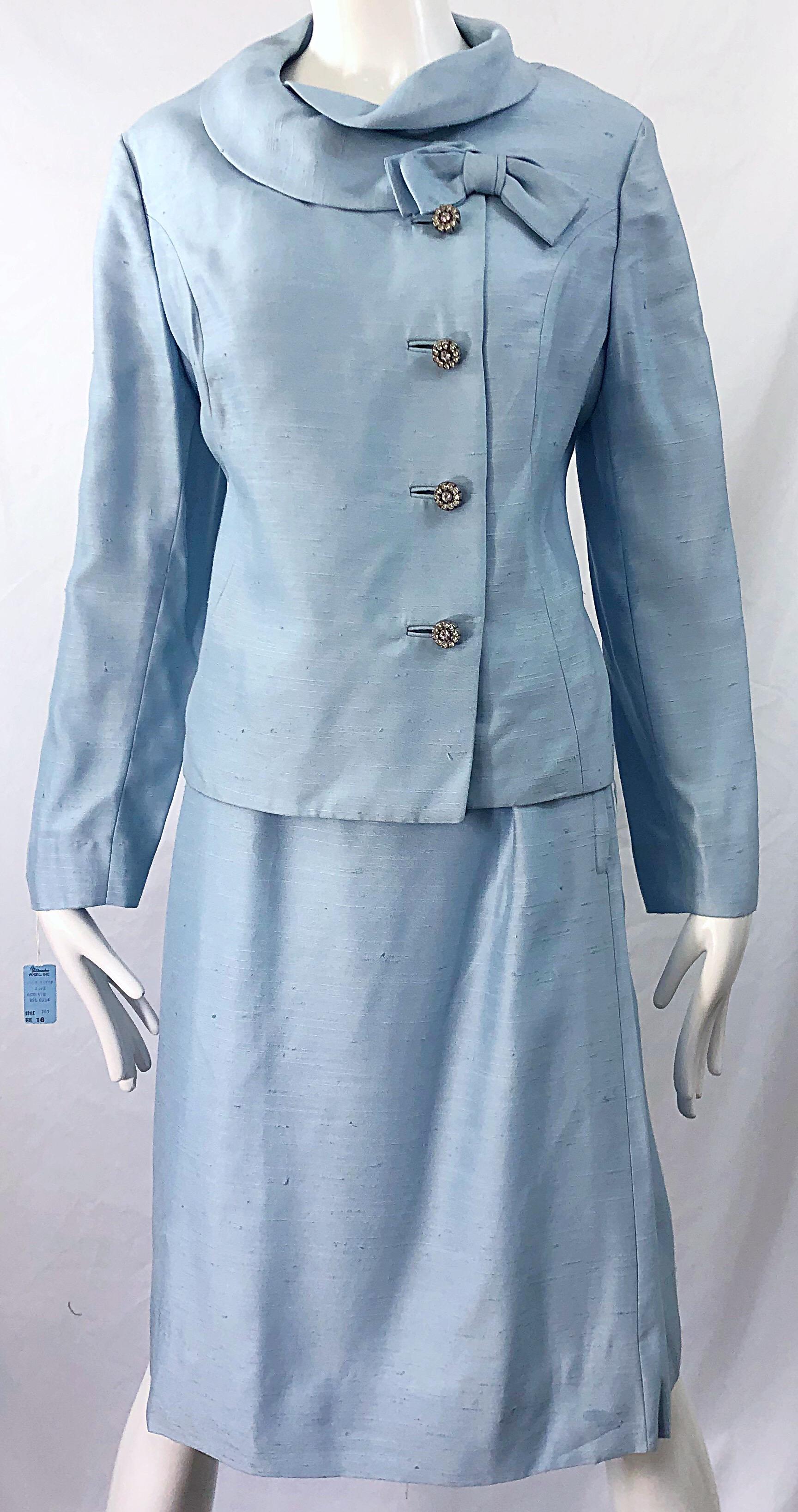 Deadstock 1960s Alvin Handmacher Light Blue Rhinestone Vintage 60s Skirt Suit For Sale 2